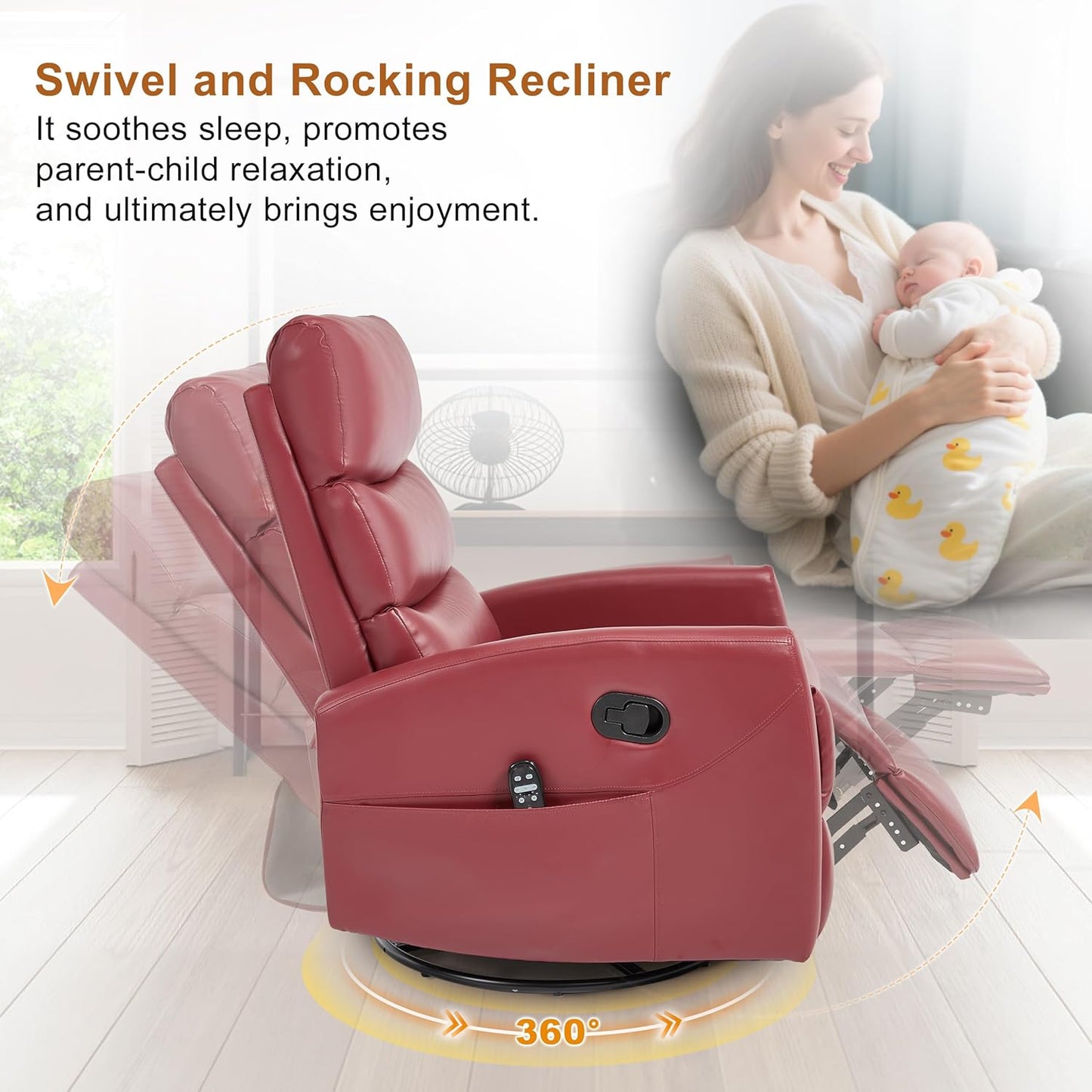 Manual Swivel Rocker Recliner Chair for Adults, Overstuffed Reclining Glider Chair for Nursing with Vibration Massage & Heat, Living Room Rocking Recliner 3-Stage backrest, Faux Leather Red