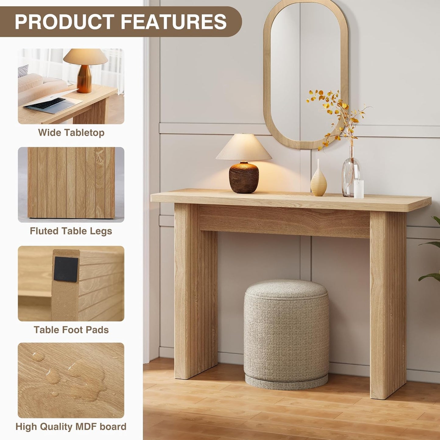 AVZEAR 43.3" Mid Century Narrow Entryway Console Table, Modern Fluted Wood Couch Table Behind Sofa Long and Skinny for Living Room Hallway Entrance Foyer (Natural)