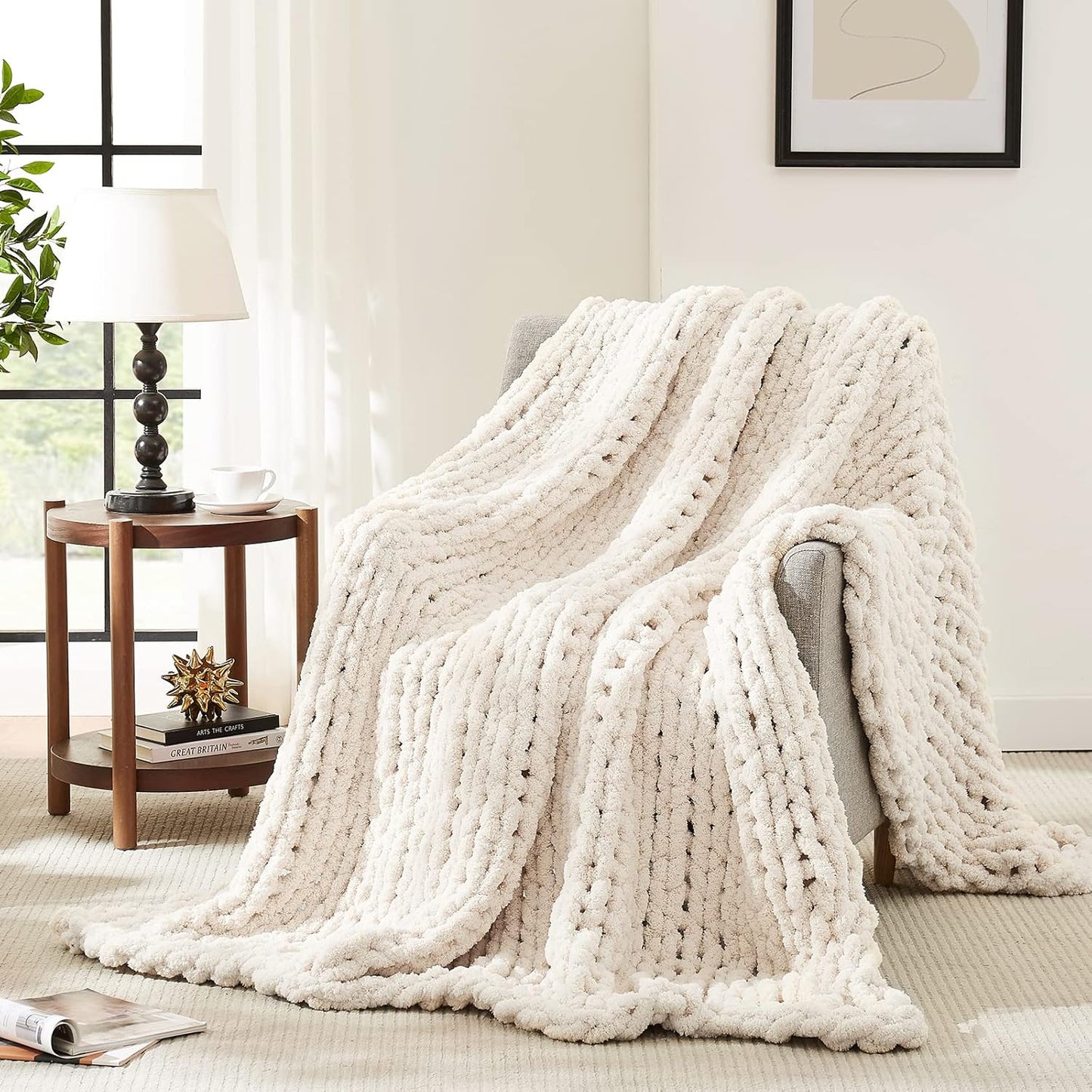 L'AGRATY Chunky Knit Blanket - Soft Chunky Throw 60x80 inches: 100% Hand Kintted Chenile Crochet Throw for Couch - Large Cable Knit Blanket for Home Decor (Ivory)