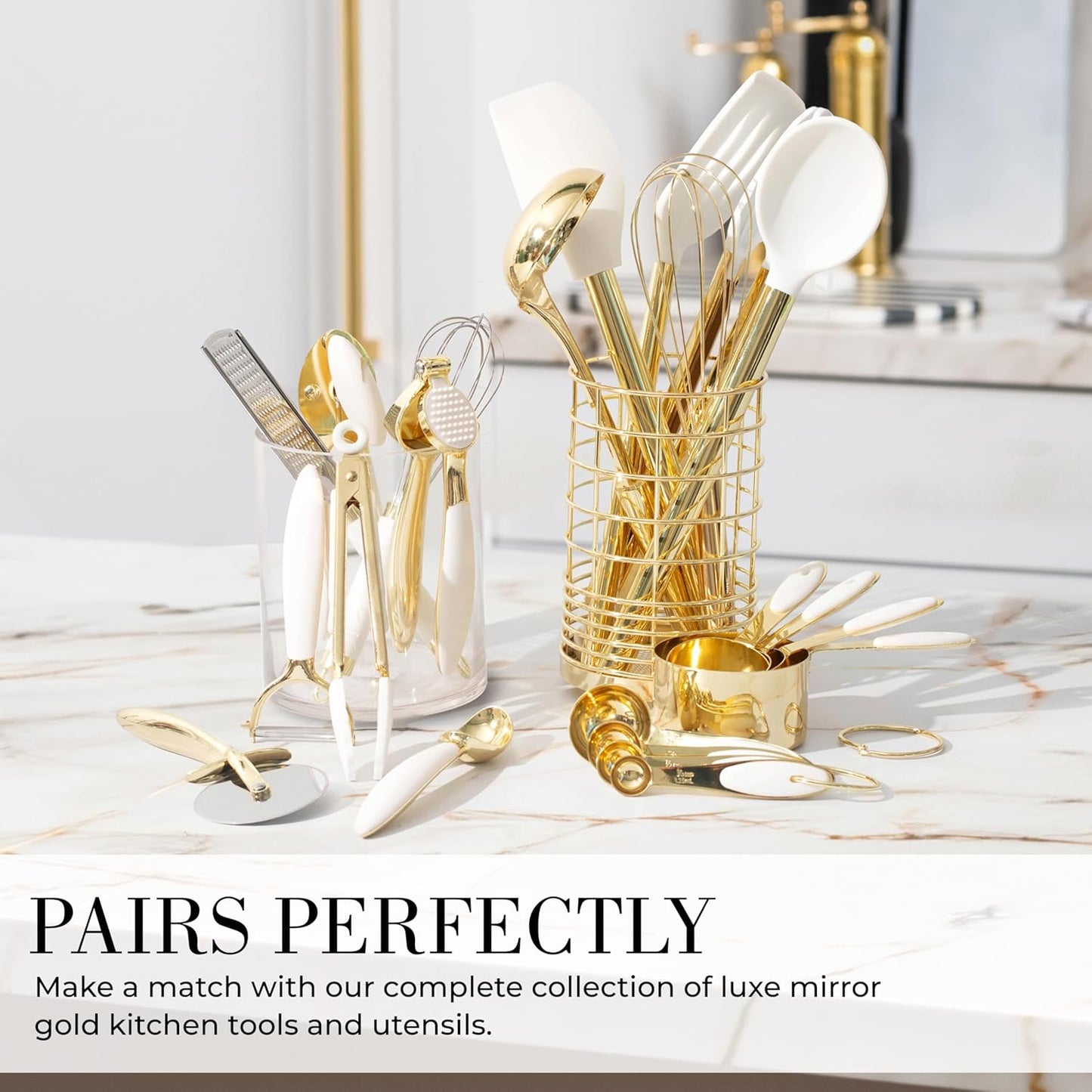 White & Gold Cooking Utensils Set - Luxe 8-Piece Kitchen Gadget Set Includes Can Opener, Tongs and Garlic Press - Stylish White and Gold Kitchen Accessories for Modern Kitchens, Ideal for Gifting