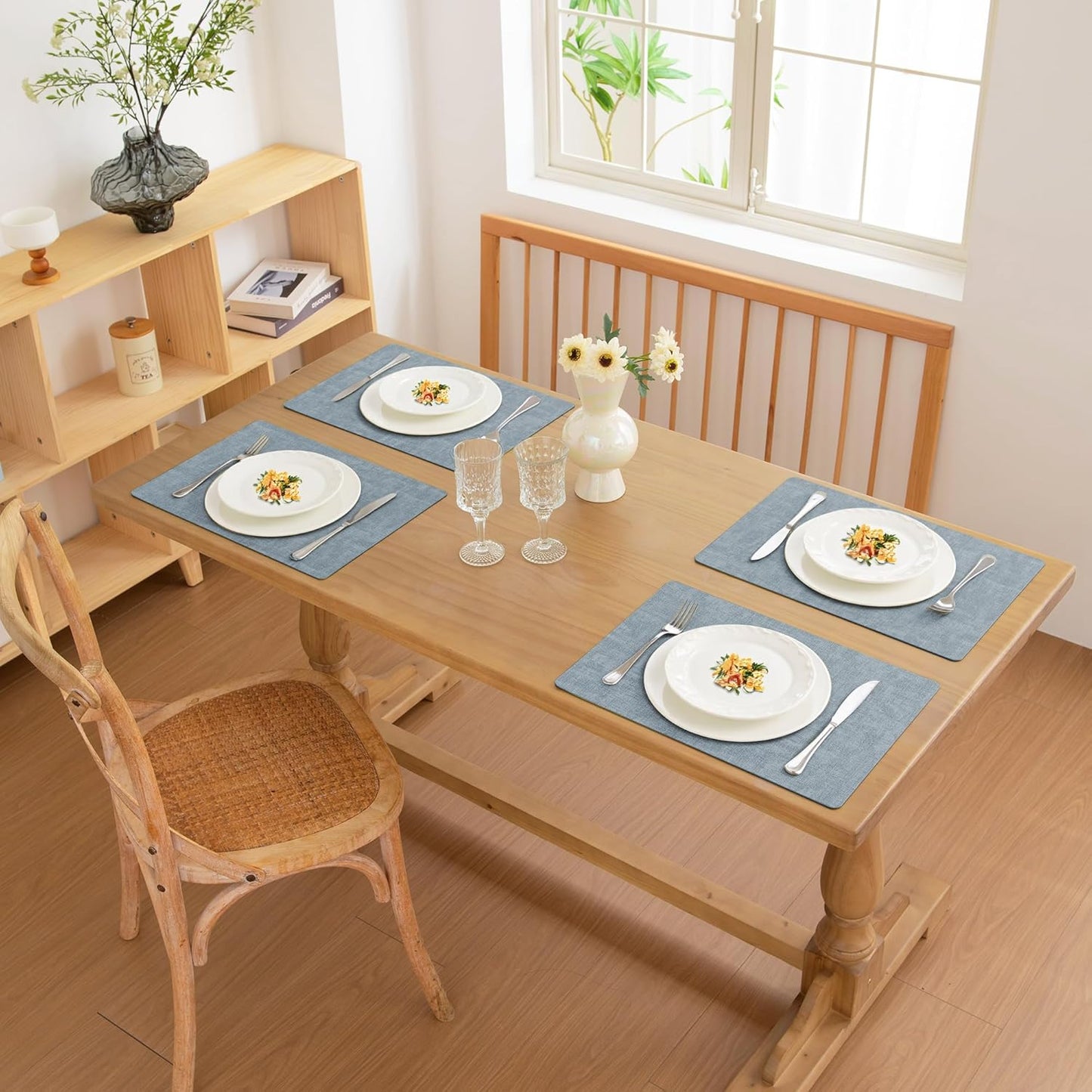 FROMHEART Faux Leather Placemats Set of 8–Waterproof,Heat/Oil Stain-Resistant PU Table Mat–Reversible,Non-Slip,Easy to Clean Place Mats for Kitchen,Dining,Indoor/Outdoor,(Light Blue,11.8" x 17")