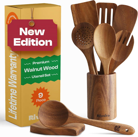 Riveira Walnut Wooden Spoons for Cooking Set of 9 – Natural Walnut Wooden Cooking Utensils, Wooden Spatula, Wooden Spoon - Premium Quality Wooden Utensil Set for Non-Toxic Cooking