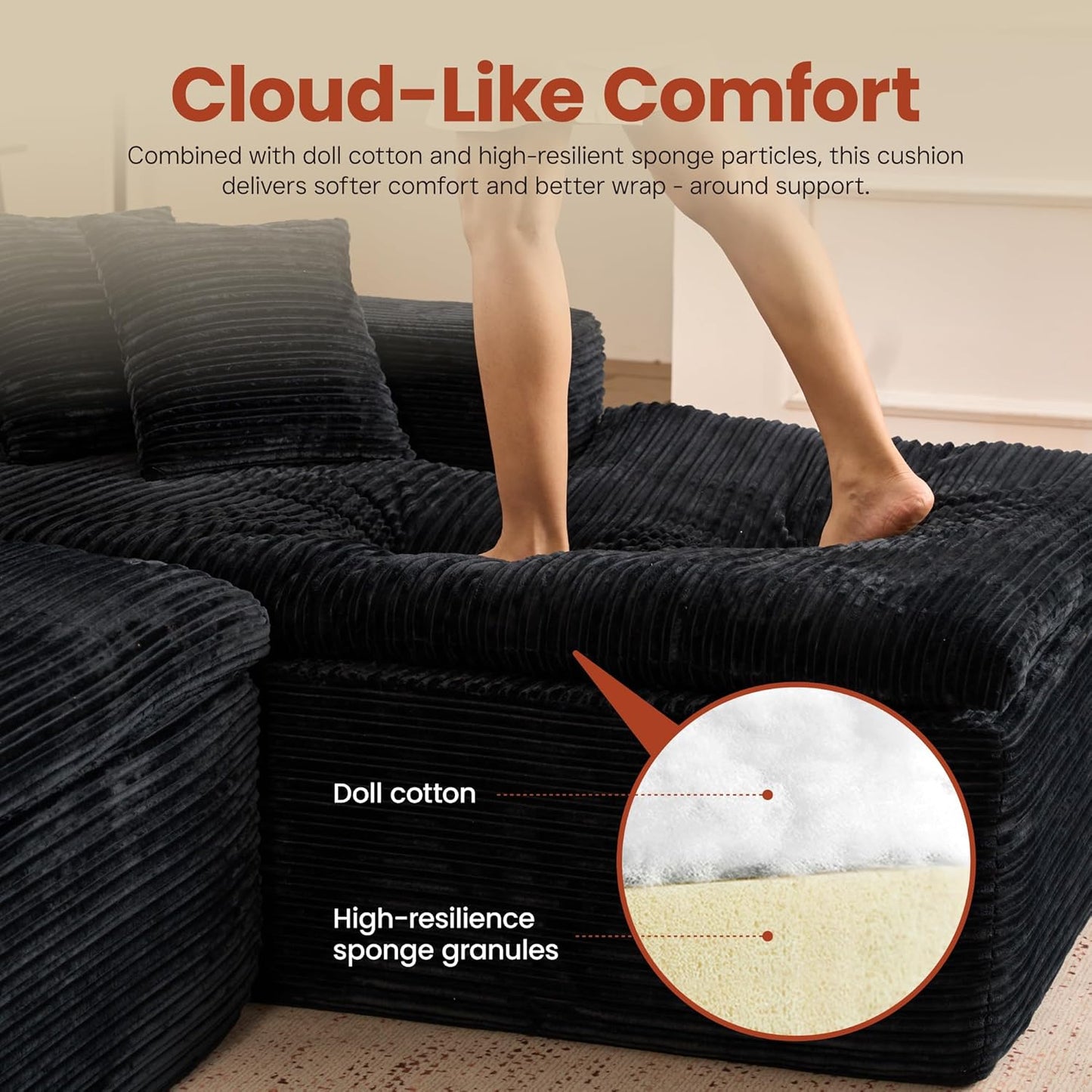 ovios 105” Modular Sectional Sofa with Thicken Seat Cushion, Cloud Couch with Deep Seat, Modern L-Shape Sofas Couches with Chaise,Upholstered Couches for Living Room Bedroom,Black