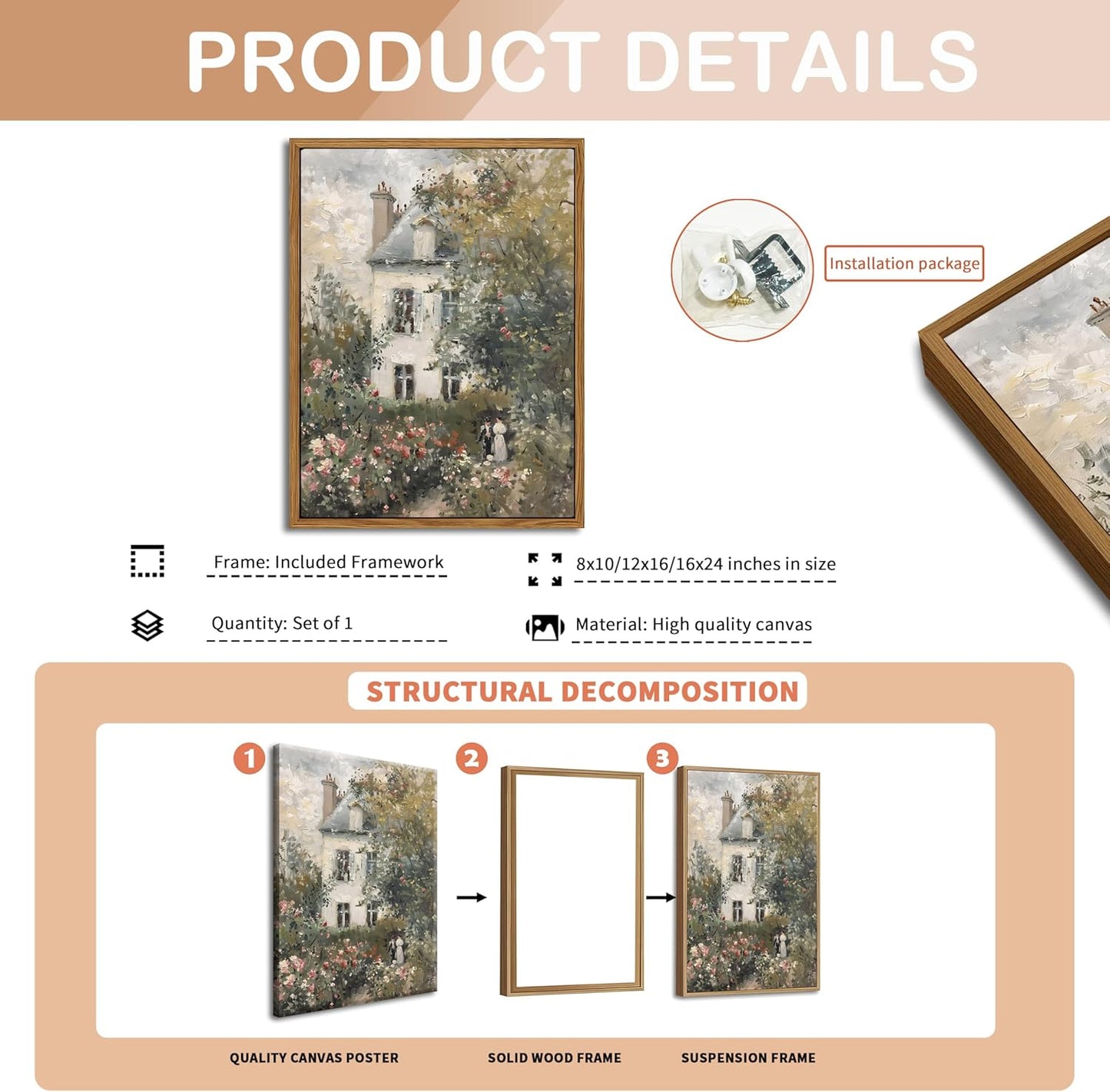 Floating Framed Canvas Vintage Wall Art, Neutral English Cottage Rose Garden Oil Paintings Print, Spring Pictures Wall Decor for Living Room Hallway Bedroom Office Rustic Decor 8x10 inch