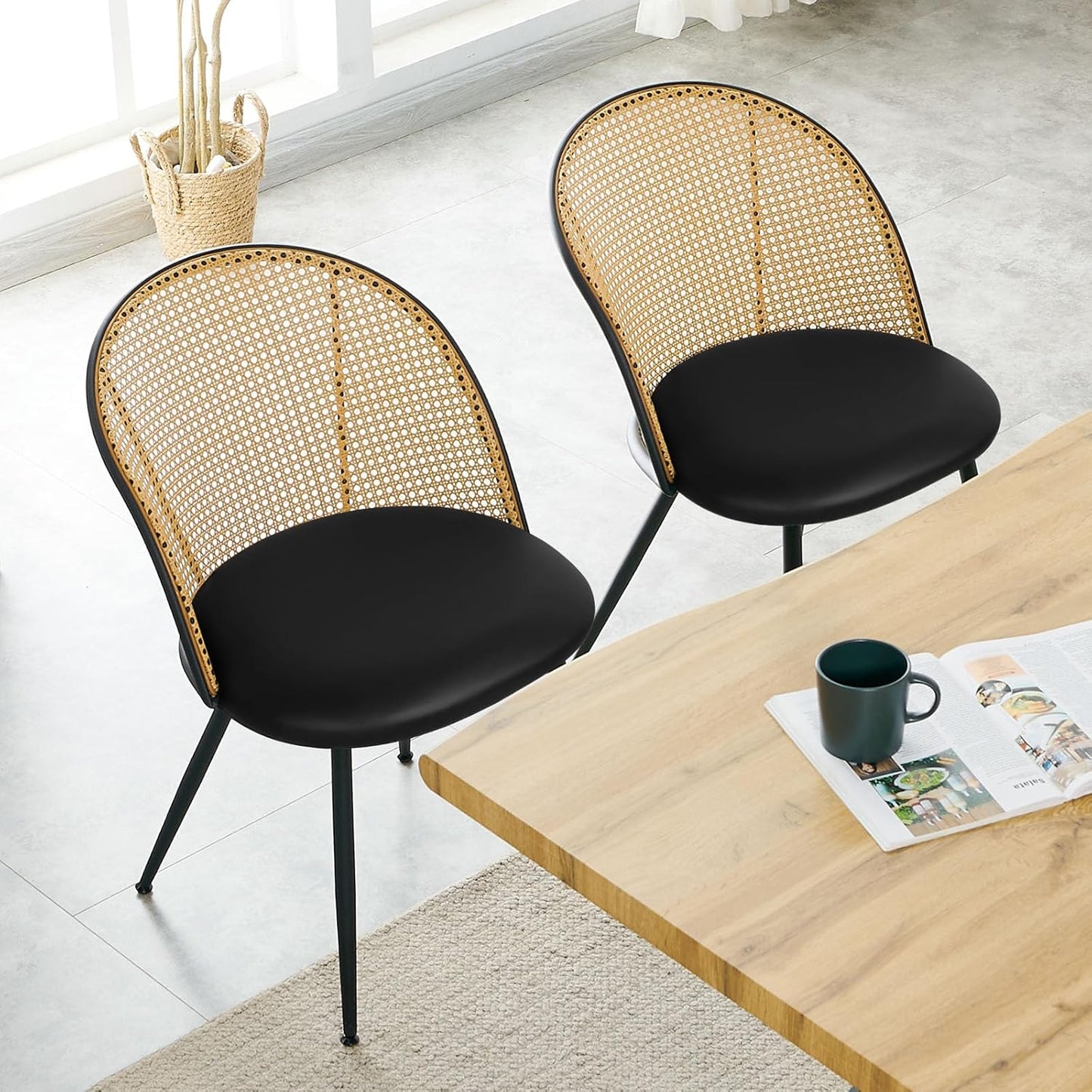 Dining Chairs Set of 4, Mid Century Modern Dining Room Chairs with Full Rattan Back, Faux Leather Kitchen Dining Chairs Farmhouse Armless Mesh Cane Back Side Chairs with Metal Legs, Black