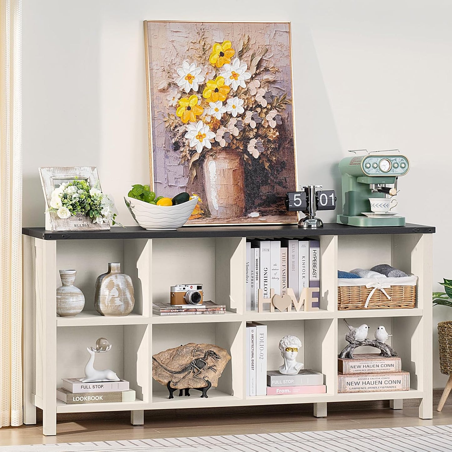 8 Cube Book Shelf, Farmhouse Wood Long Storage Organizer Bookcase, 62" Horizontal Antique White & Black Console Bookshelf, Kids Toy Storage Cabinet, Modern Open Book Case for Playroom, Office