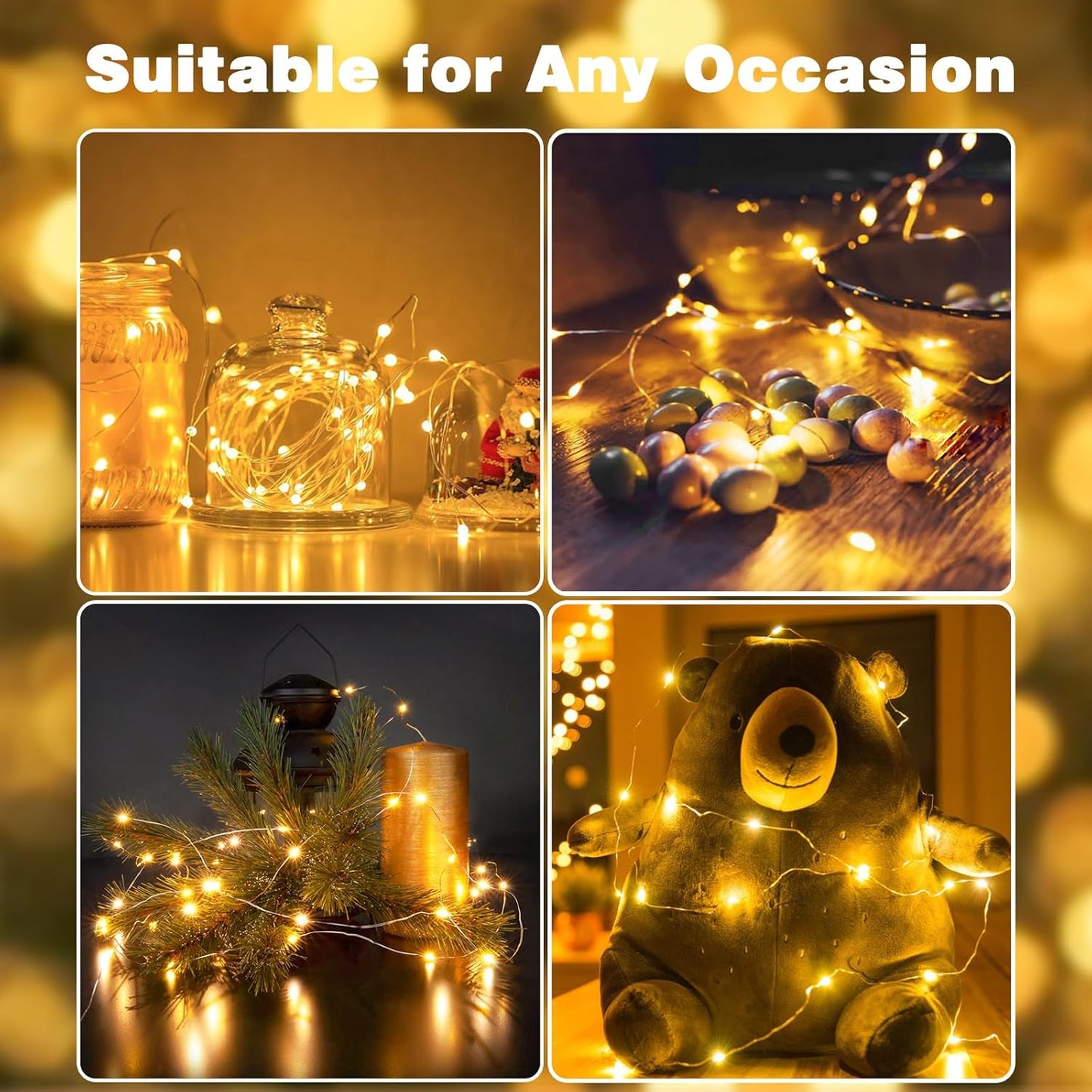 4 Pack Fairy Lights Battery Operated with Remote Control Timer, LED String Lights Outdoor Indoor Decorations, 8 Modes Twinkle Lights for Christmas Party Wedding Birthday Bedroom Décor (Warm White)