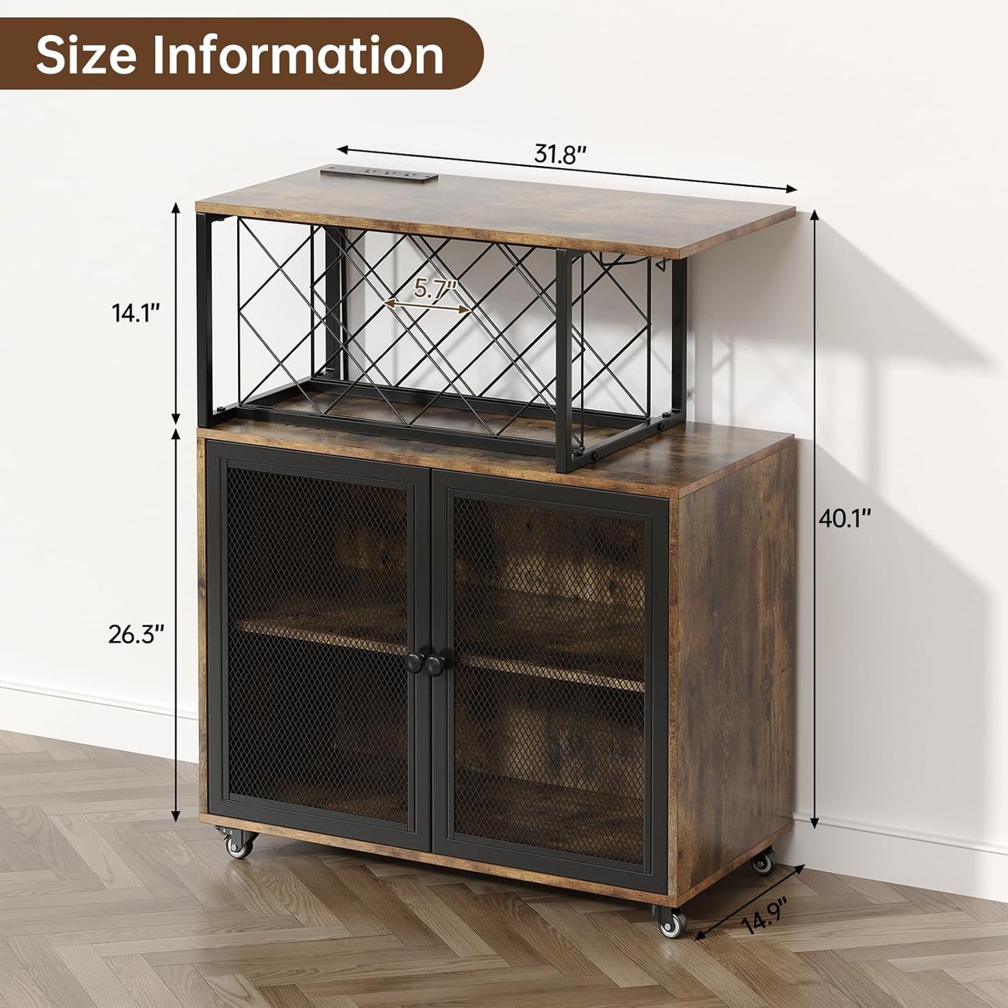 Wine Bar Cabinet with Wheels, 4-Tier Bar Cart with Power Outlets and LED Light, Liquor Cabinet Home Mini Bar with Wine Rack, Coffee Bar Cabinet for Liquor, Rustic Brown