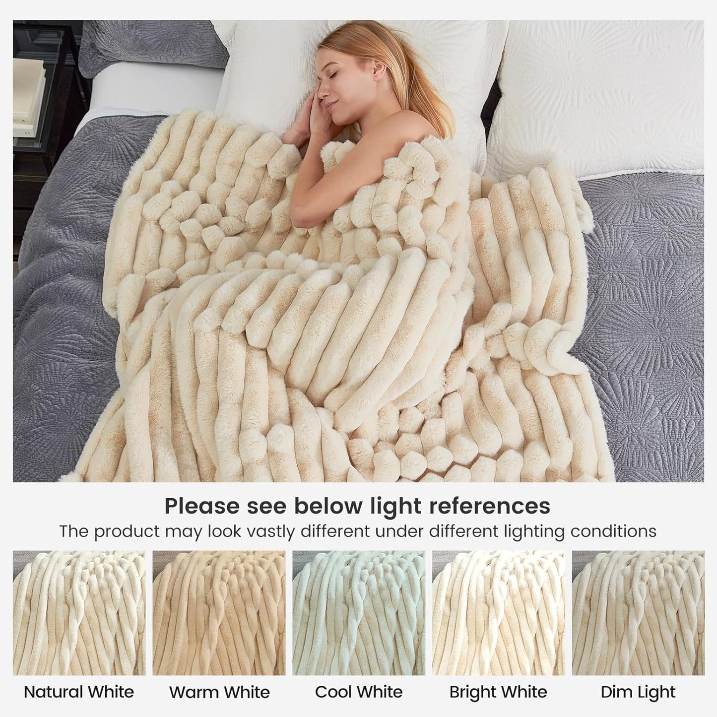 Cozy Bliss Faux Fur Throw Blanket for Couch, Cozy Warm Plush Striped Blanket for Sofa Bedroom Living Room,60 * 80 Inches Beige