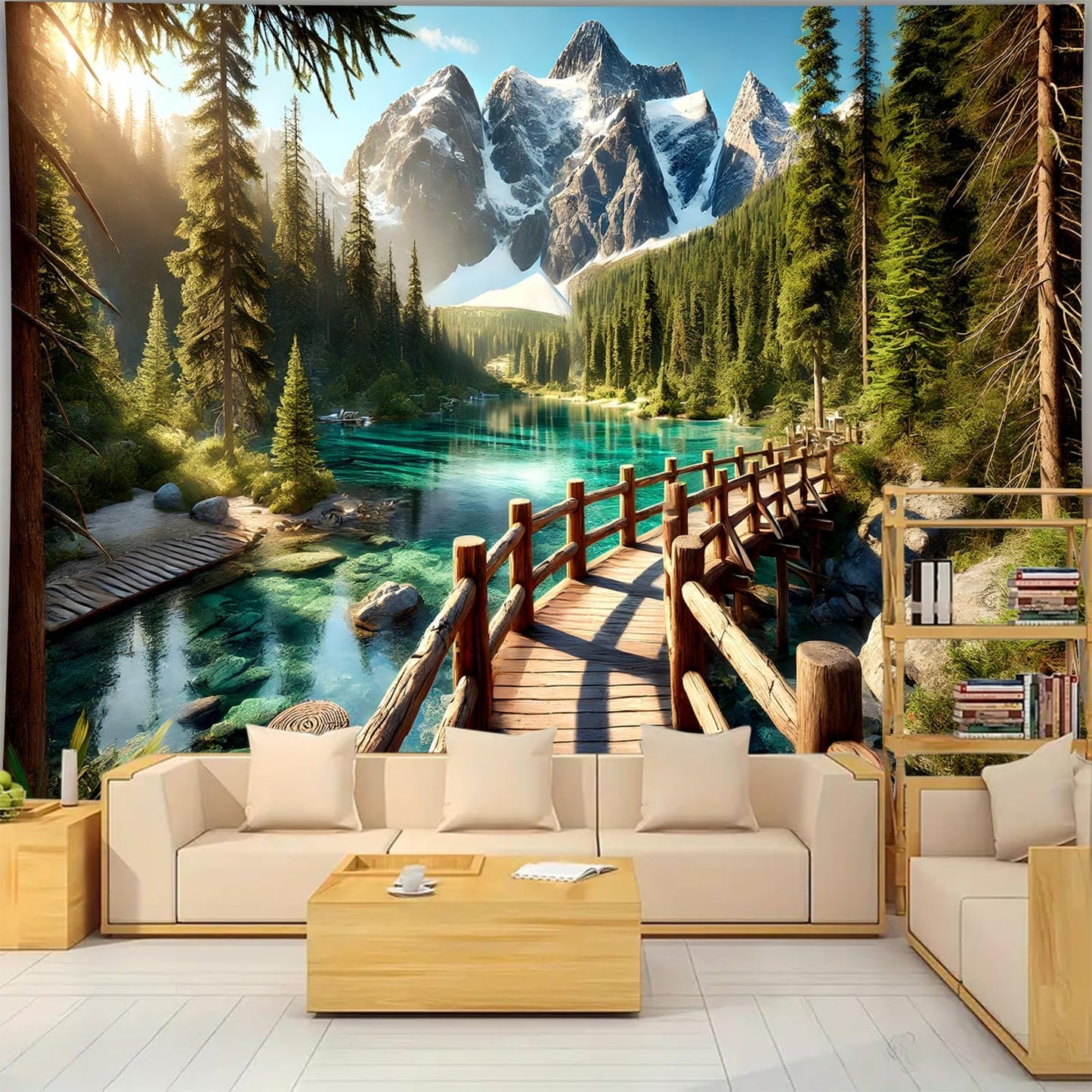 BSFHH Nature Tapestry Forest Tree Sea Cave Wall Hanging, Stream Through Rainforest Landscape Wall Art Tapestry for Bedroom Living room (Snow Scene, 110" × 87", Unframed)