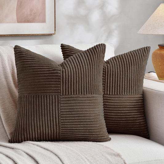 Fancy Homi 2 Packs Dark Brown Euro Decorative Throw Pillow Covers 28x28 Inch for Couch Bed, Rustic Farmhouse Boho Home Decor, Soft Corss Corduroy Patchwork Textured Square Cushion Case 71x71 cm