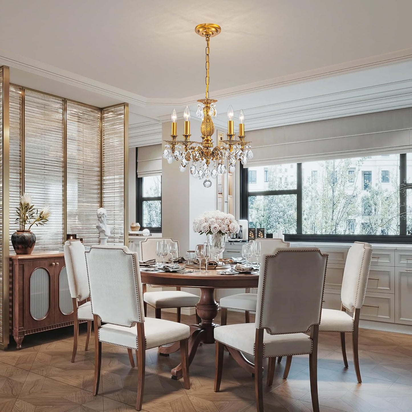 French K9 Crystal Maria Theresa Chandeliers, Luxury Vintage Pendant Light Fixture for Dining Room, Living Room, D18.3*H21~68 inch (Adjustable), Clear Crystal & Antique Bronze Finish Frame