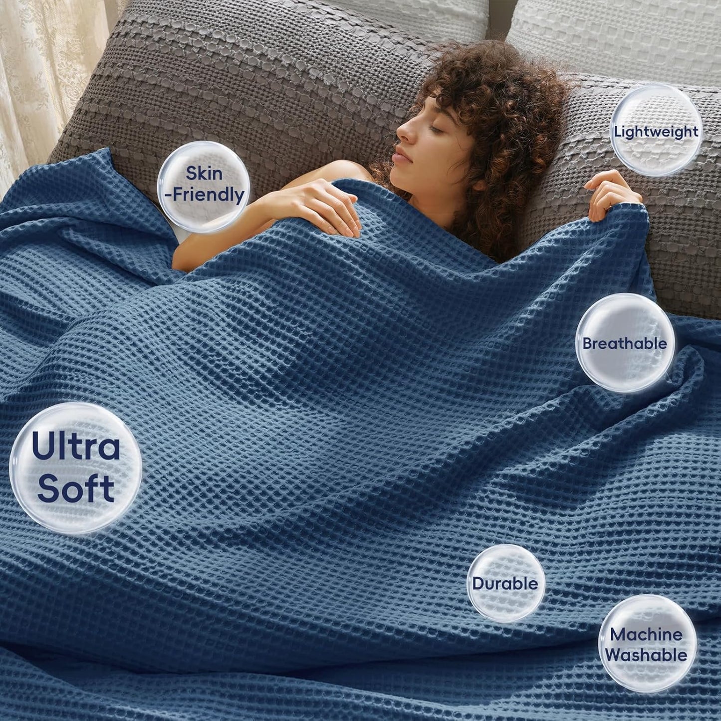 PHF Ultra Soft Waffle Weave Blanket Queen Size 90"x 90"- Washed Lightweight Breathablee Cozy Woven Blanket - Great for Couch Bed Sofa Home Car - Navy Blue