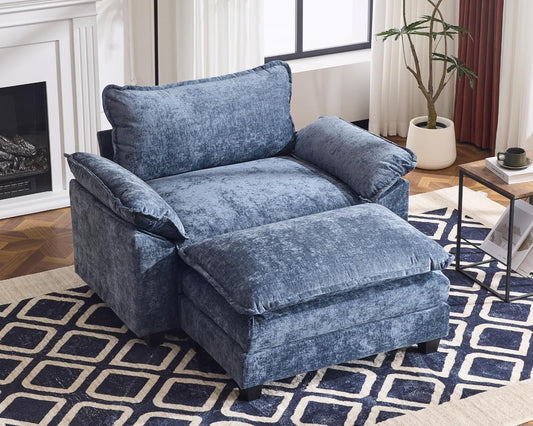 Karl home Oversized Accent Chair Chenille Sofa with Chaise, Modern Sofa Chair with Removable Ottoman Modular 1-Seater Couch and 2-Layer Ottoman for Living Room, Apartment, Studio, Dusty-Blue