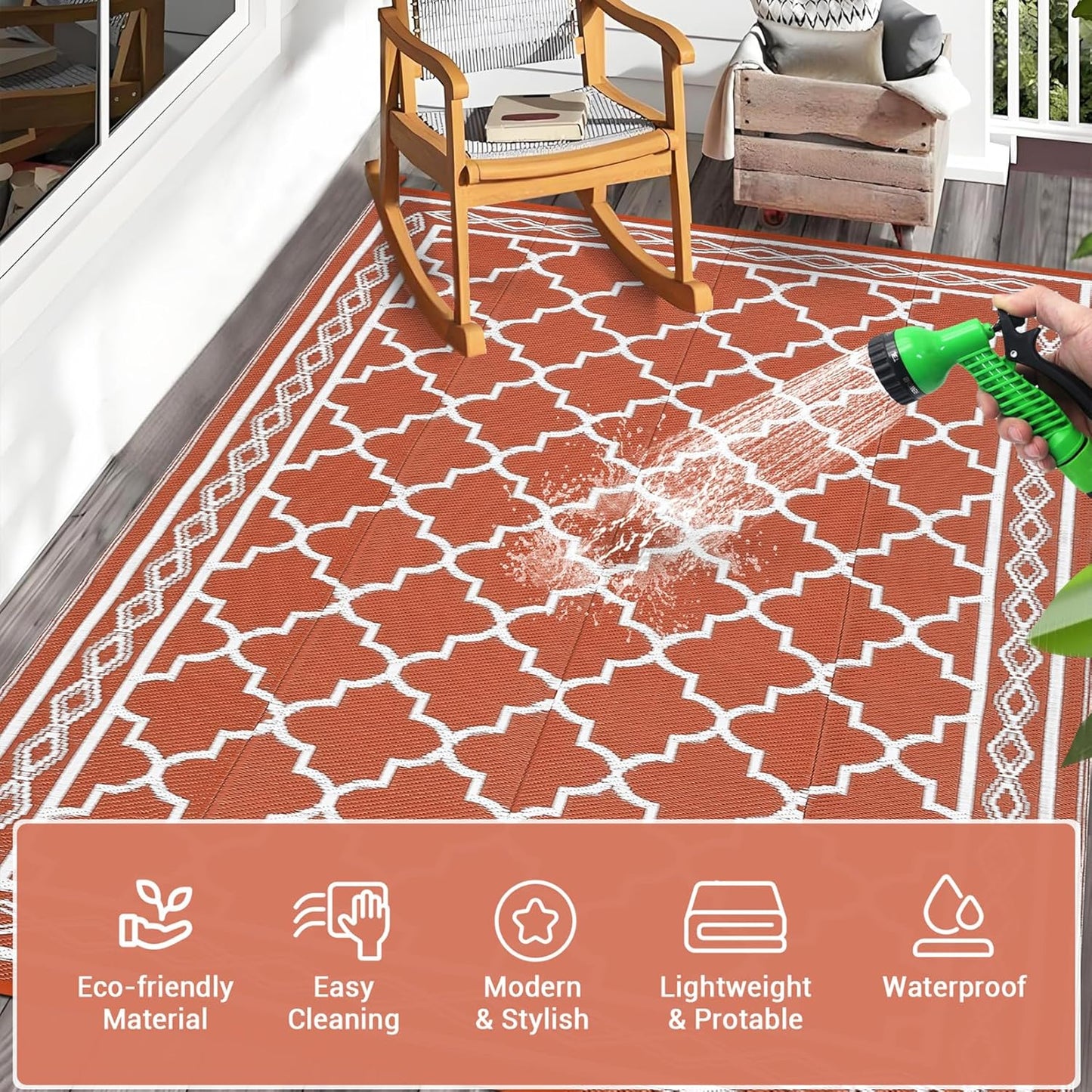 GAOMON Reversible Outdoor Rug 9'x18' Waterproof Plastic Straw Rug, Patio Rug, Large Modern Area Rug Carpet, Indoor Outdoor Rugs for Camping, Porch, Deck, Balcony, Backyard, Orange/White(Geometric)