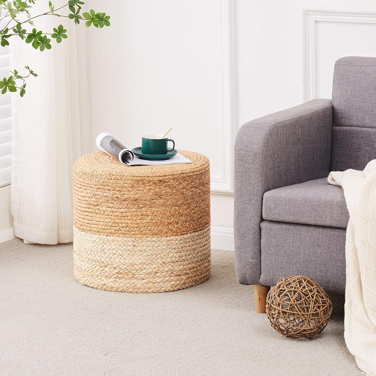 Wimarsbon 18'' Pouf Ottoman, Natural Braided Poof, Round Poufs, Rustic Handweave Lounge Pouffe, Boho Footrest Stool for Bedroom, Accent Table or Seat for Patio, Living Room