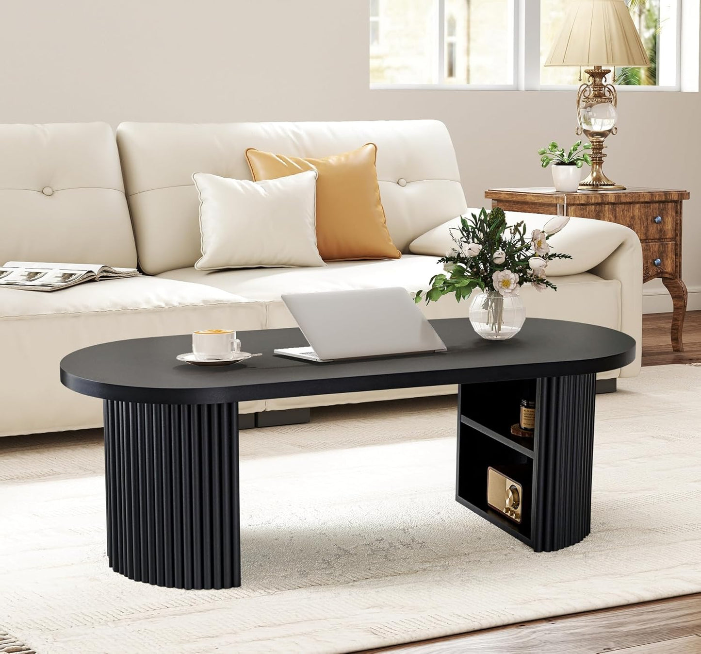 Oval Fluted Coffee Table, 47" Farmhouse Wood Coffee Table Mid Century Modern Center Table Boho Living Room Tables for Living Room Office,Black