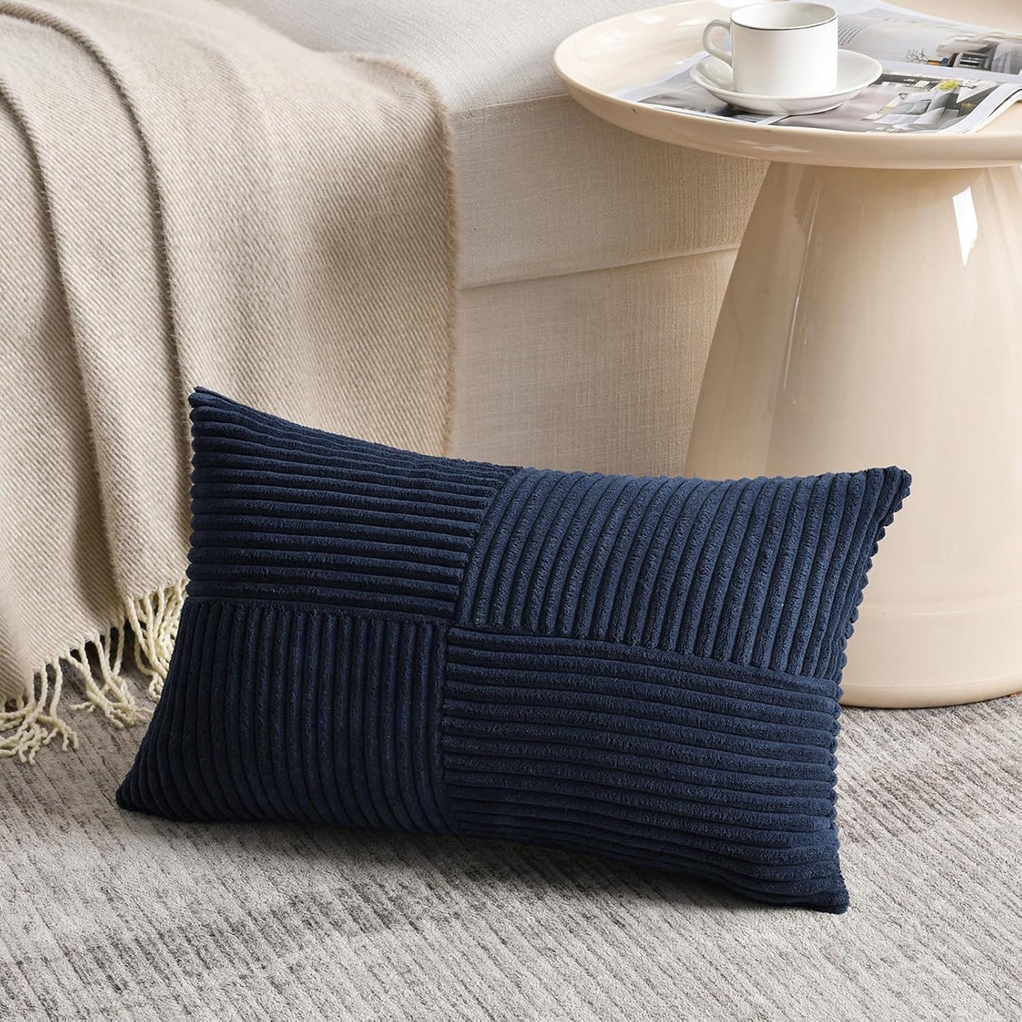 Fancy Homi 2 Packs Navy Blue Lumbar Decorative Throw Pillow Covers 12x20 Inch for Living Room Couch, Rustic Farmhouse Boho Home Decor, Soft Striped Corduroy Rectangle Accent Cushion Case 30x50 cm