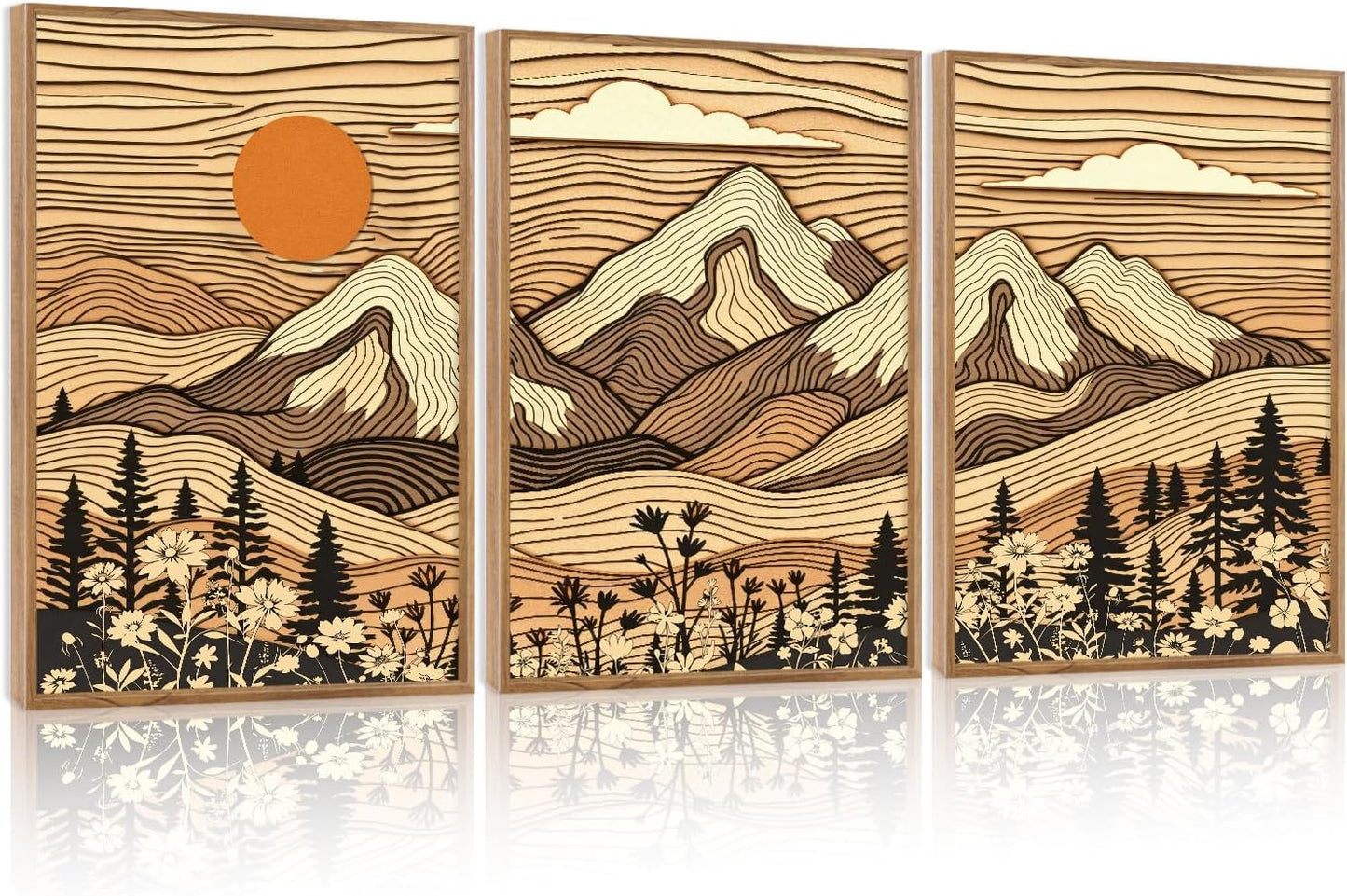 HPNIUB Mountain Framed Canvas Wall Art, Vintage Pine Tree Wall Decor, Country Wilderness Forest Wildflower Painting, Modern Nature Sun Art Prints for Living Room,Bedroom,Farmhouse- 16"x24"x3