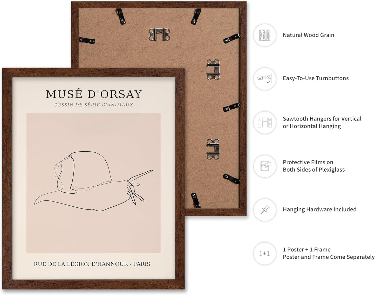 Poster Master Vintage Poster - Retro One Line Snail Drawing Print - Snail Line Art - Minimal Gift for Men, Women, Animal Lover - Abstract Wall Decor for Home, Office, 8x10 Brown Framed