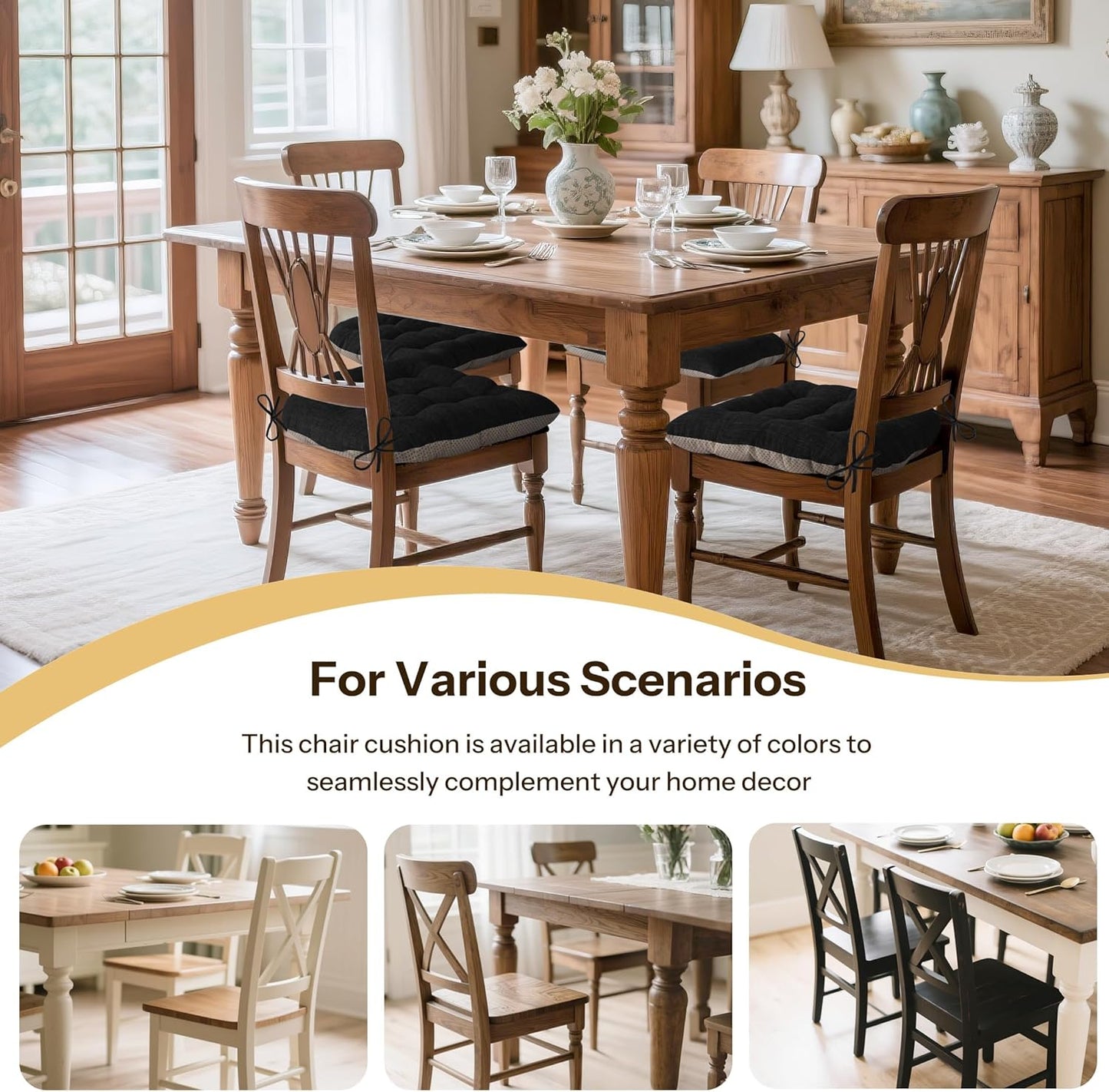 Non Slip Chair Cushions for Dining Chairs Set of 4 Kitchen Chair Cushions 18"x18"x3" Turfted Chair Pads Comfortable and Soft Seat Cushion with Ties, Black