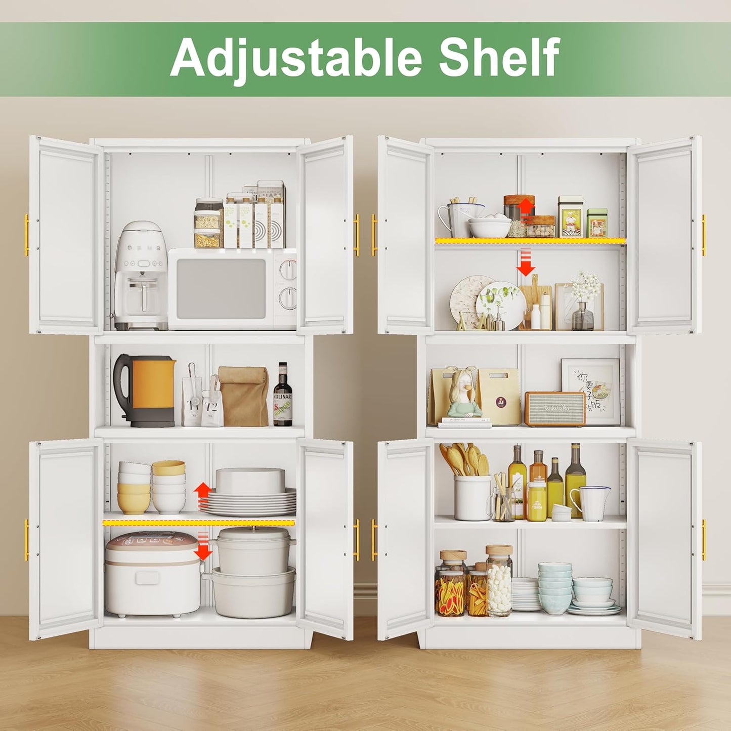 Tall Pantry Cabinet 67" H Metal Cabinet with 4 Doors, Bathroom Cabinets, 3 Adjustable Shelves for Kitchen, Home Office, Living Room, Dinning Room