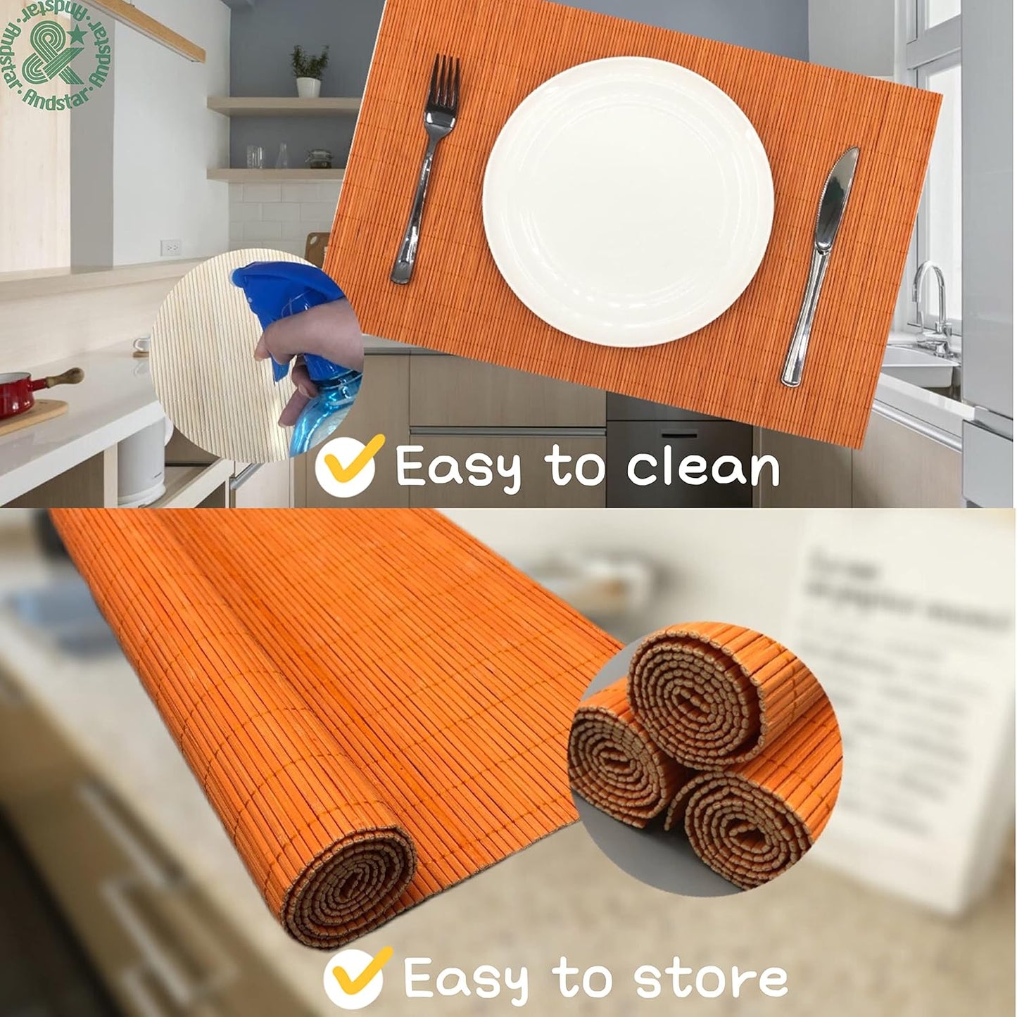 ANDSTAR Non-Slip Waterproof Placemats Set of 6 - Reusable Wipeable Table Mats for Dining Table, Kitchen, Outdoor Picnic, 12x18 Inch PVC Backed Heat Resistant Place Mats Dishwasher Safe（Orange）