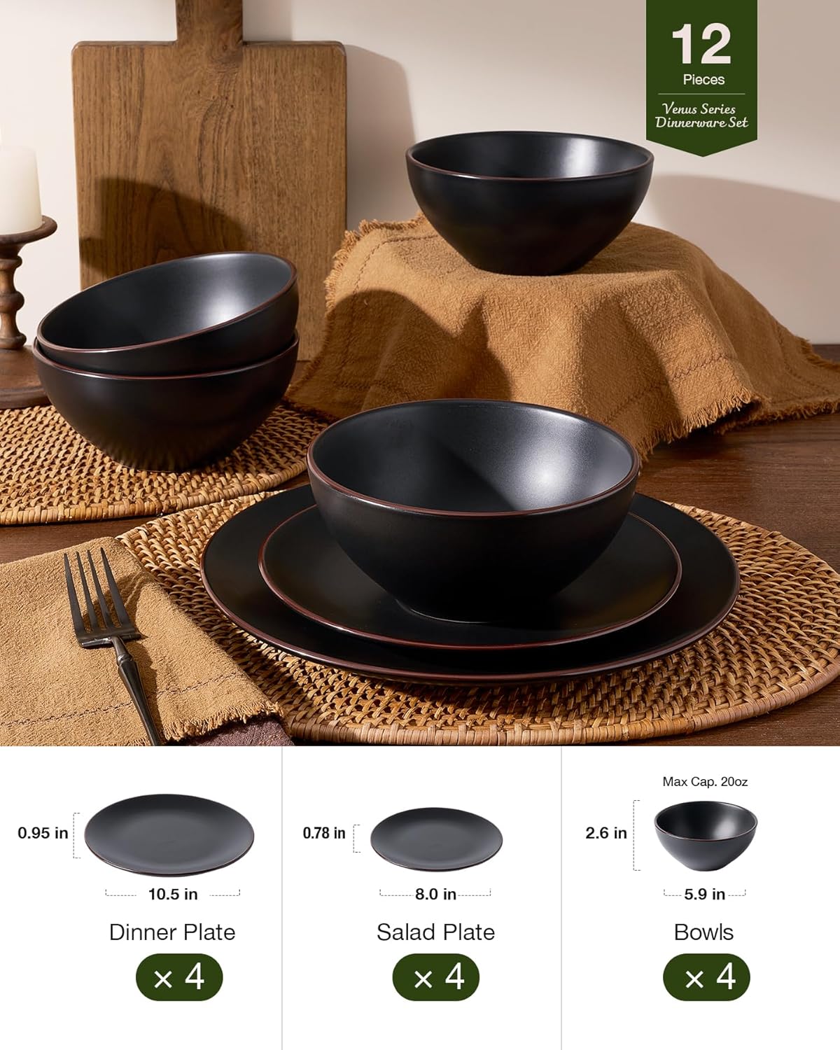 Famiware Venus Plates and Bowls Sets, 12 Pieces Stoneware Dinnerware Sets, Dishes Set for 4, Microwave and Dishwasher Safe, Matte Black