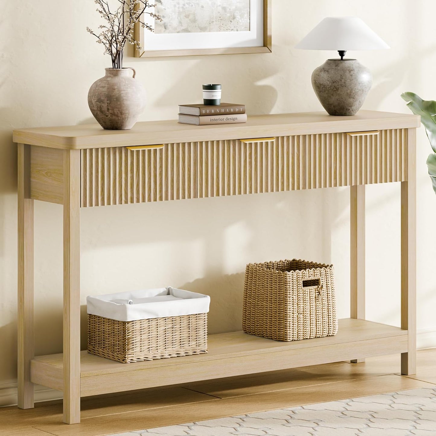 Lulive 51" Fluted Console Table for Entryway, Entryway Table with 3 Wooden Drawers, Farmhouse Behind Sofa Table for Living Room, Hallway, Couch, Foyer