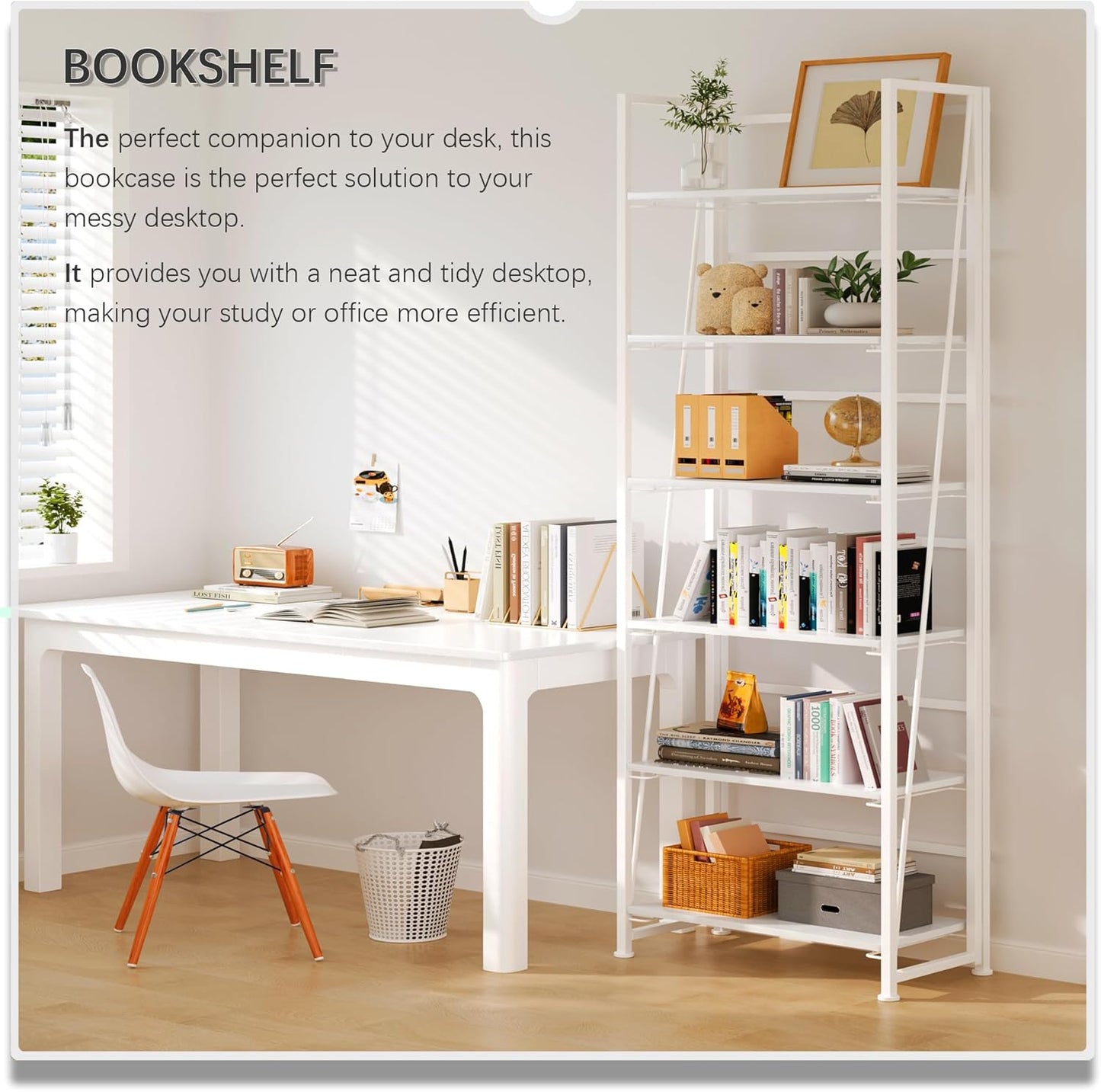 4NM No Assembly Foldable Bookshelf, 6-Shelf Collapsible Bookcase Storage for Small Spaces, 74" H, All White