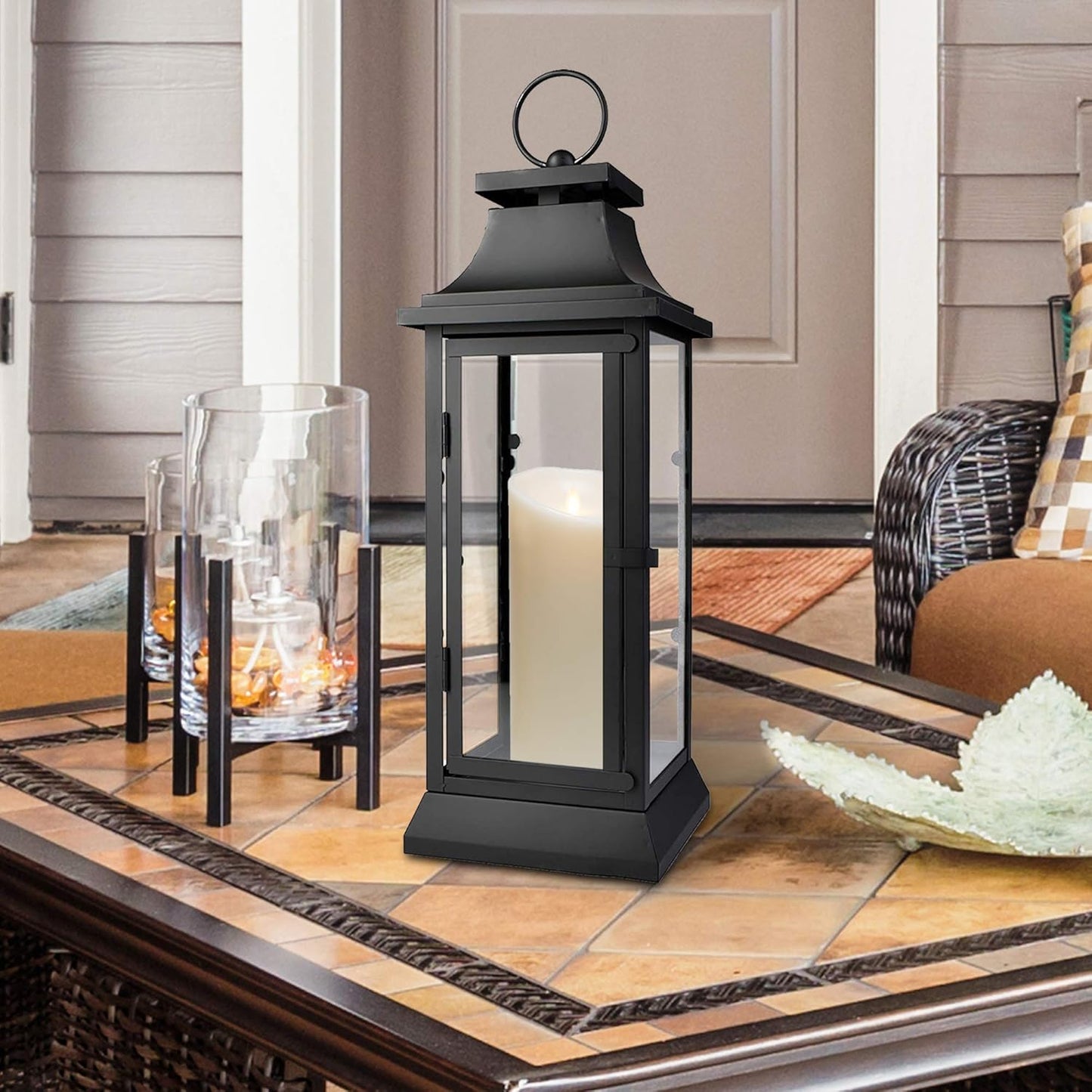 Serene Spaces Living Black Metal Hurricane Lantern with Clear Glass Panels – Hanging or Tabletop Decorative Lantern for Indoor & Outdoor – Weddings, Parties, Home Decor, 20" Tall & 7.75" Square