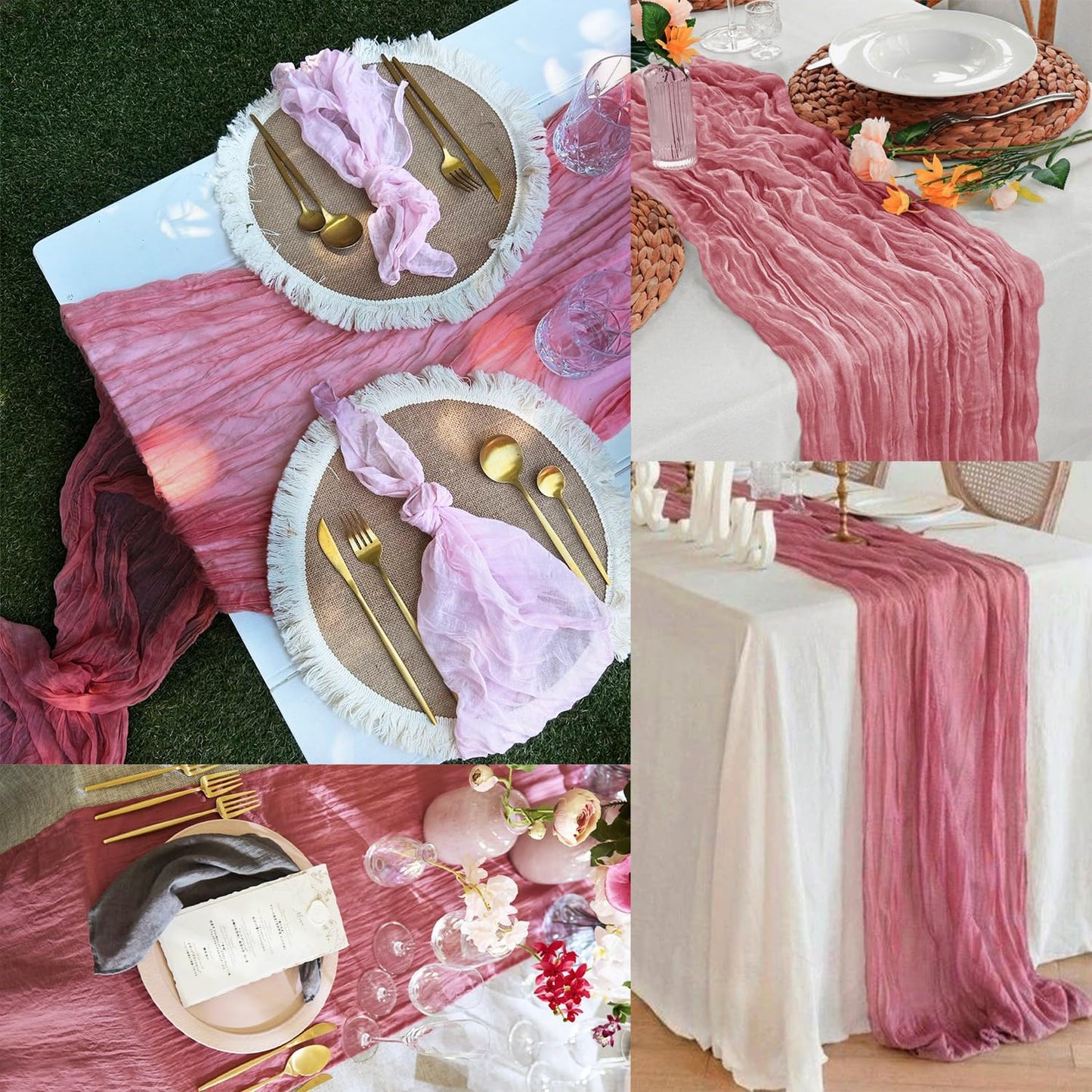20 Pack Dusty Rose 10FT Cheesecloth Table Runner 20 x 120 Inch Long Rustic Gauze Fabric Cheese Cloth Table Runner for Wedding Bridal Baby Shower Table Decorations Boho Sheer Birthday Party Table Decor