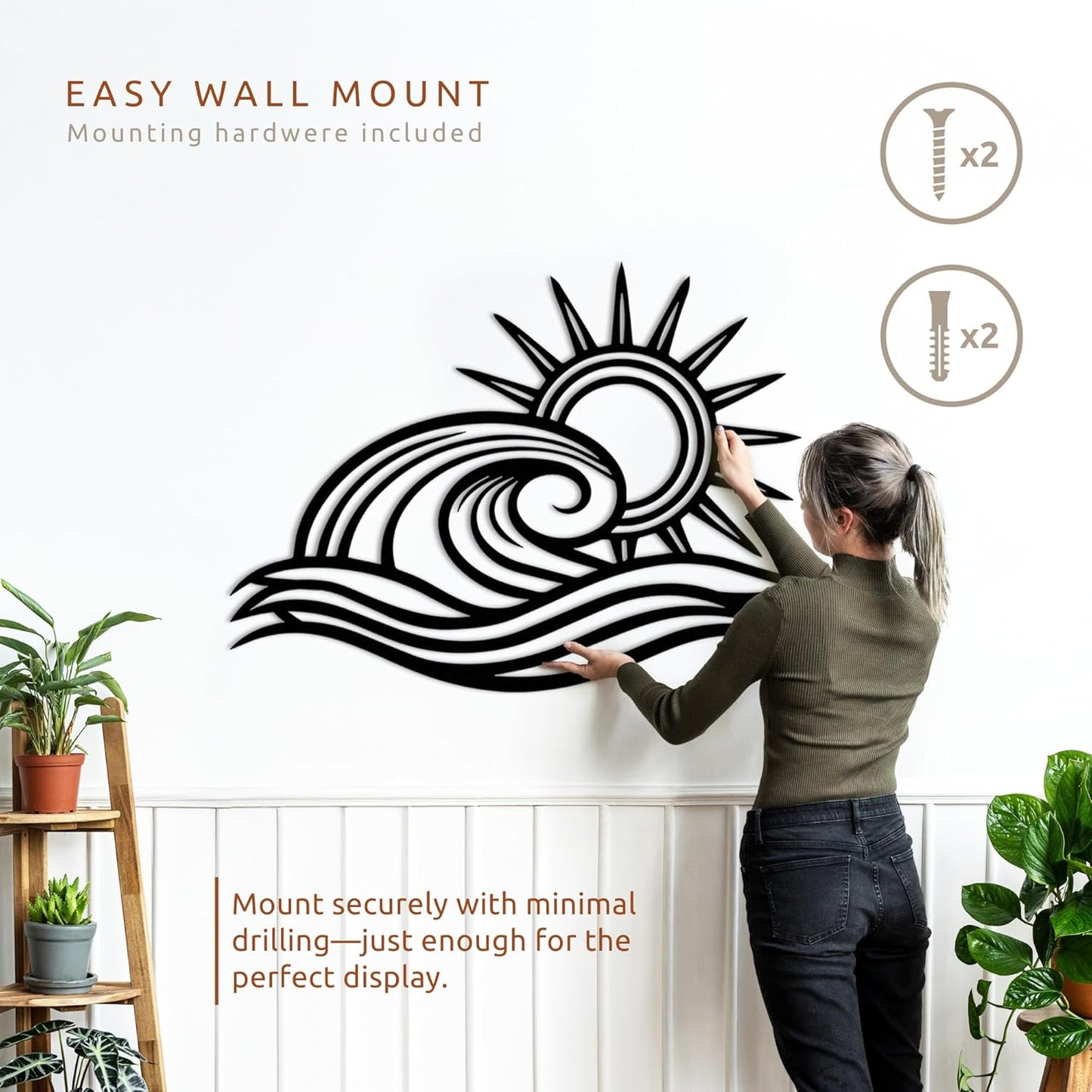 Wita Home Ocean Wave Metal Wall Art, Sun Beach Decor, Coastal Large Wall Sculpture for Home, Indoor/Outdoor Use, Nautical Wall Hanging, Eye-Catching Addition to Living Room (Black, 48 x 28 inches)