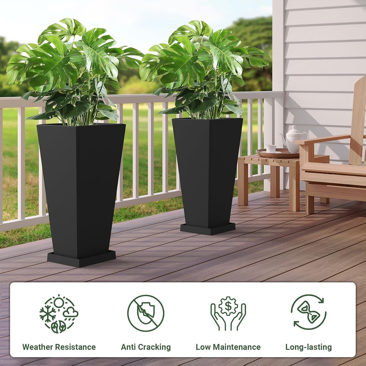 Metal Planter 30" H - 2 Pack, Tall Planters with Removable Insert Shelve & Saucer Trays, Metal Outdoor Planters for Porch, Garden, Patio, Yard (Black)