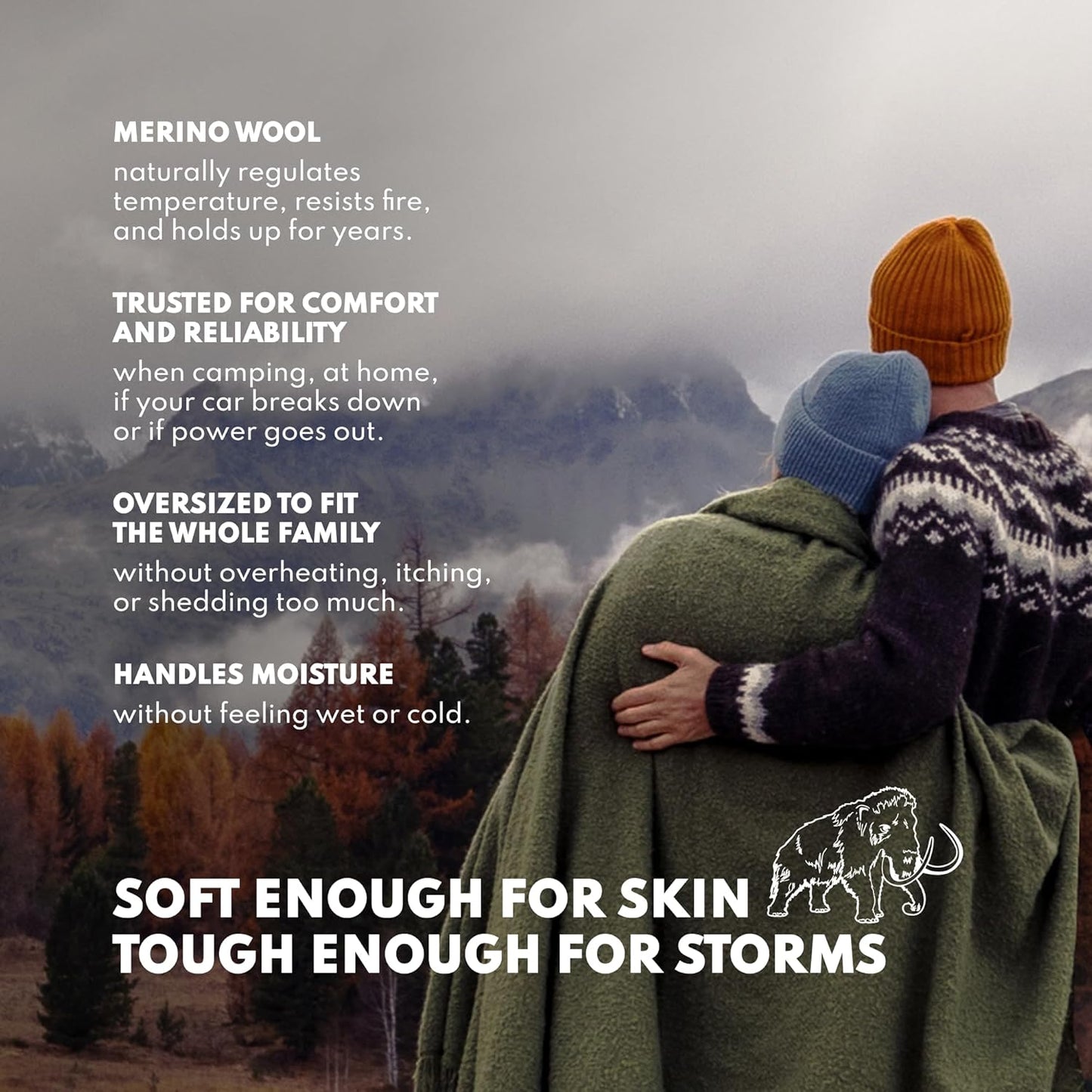 Woolly Mammoth Woolen Company Merino Wool Camping Blanket - 66 × 90 in, Red/White & Blue Plaid - 80% Merino Wool Heavyweight Outdoor Throw Blanket - Insulating for Picnic & Travel