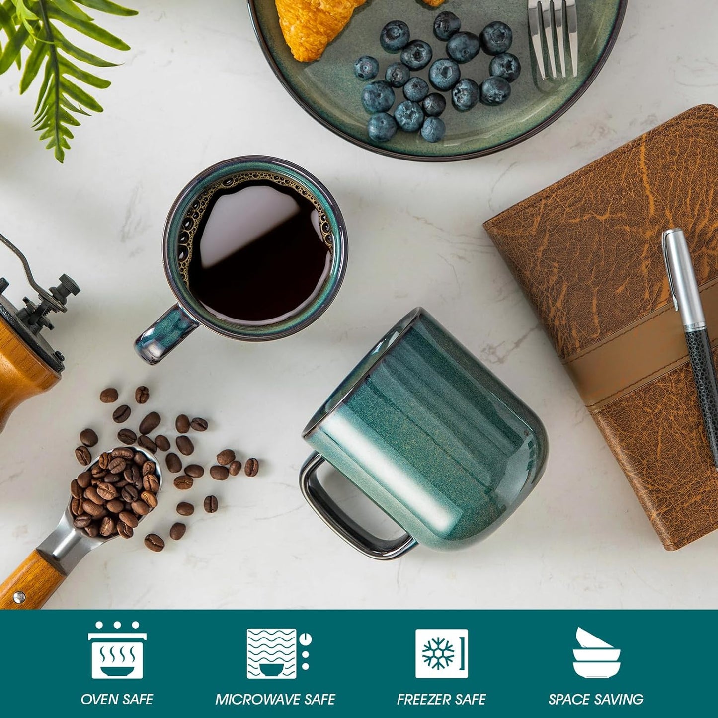 vancasso STARRY Coffee Mugs Set, 16 oz Ceramic Coffee Cups for Americano Hot Tea Iced Coffee Cold Brew Cocoa Milk Stoneware Mugs Set of 6, Dishwasher & Microwave Safe, Green