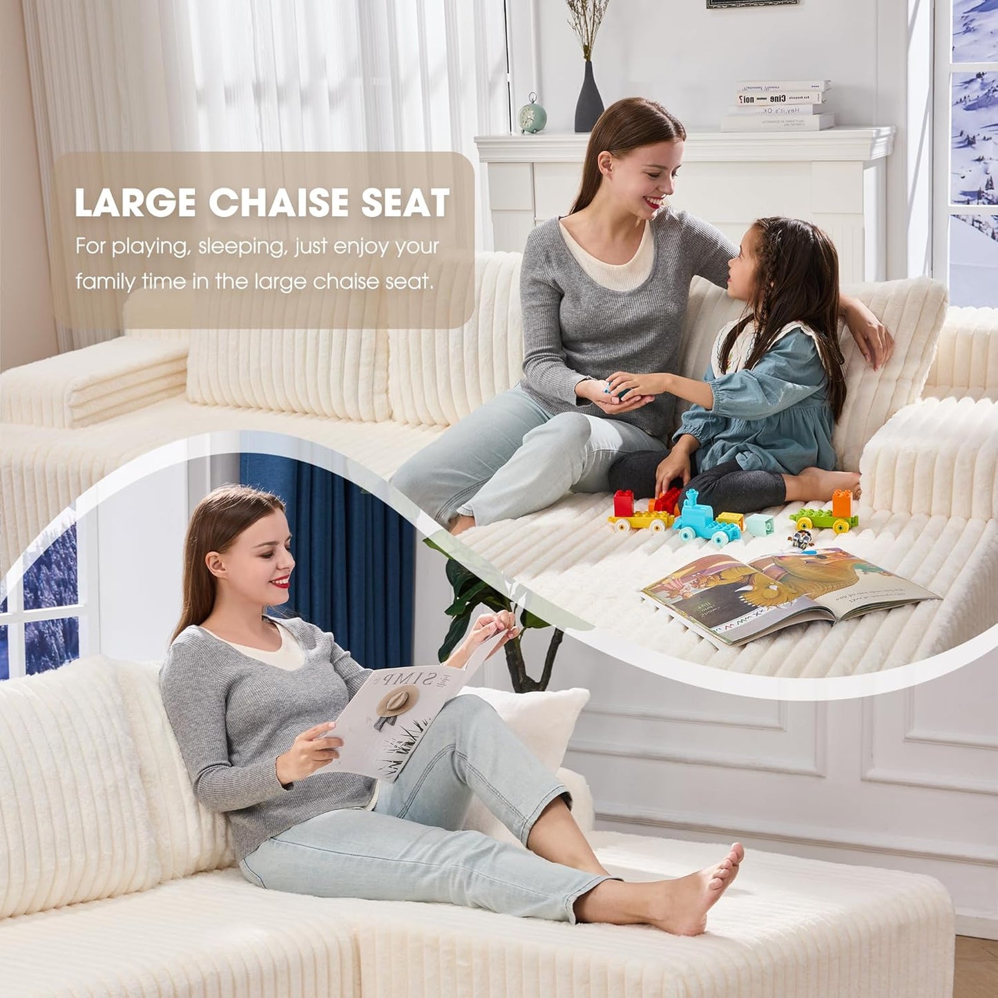 Hobestluk 96“ Modular Sectional Sofa Couches L-Shape Couch 3 Seat Modular Sofa Memory Foam Sectional Couches for Living Room, Cloud Couch with Oversized Chaise (White, Stripe (Right Facing Chaise))