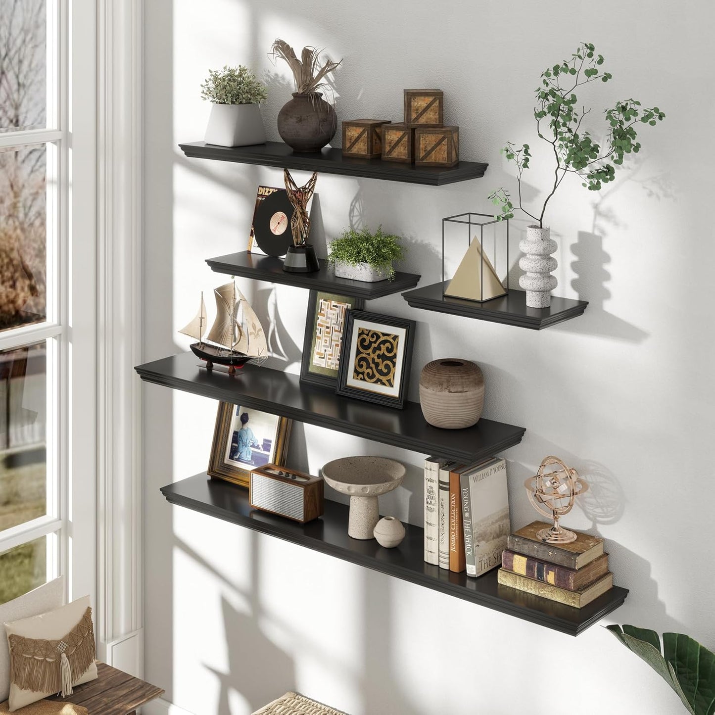 Floating Shelves for Wall, 16 Inch Wall Mounted Black Hanging Shelf for Kitchen, Living Room, Office, Bedroom, Bathroom, Retro Vintage Wood Bookshelf for House Decor