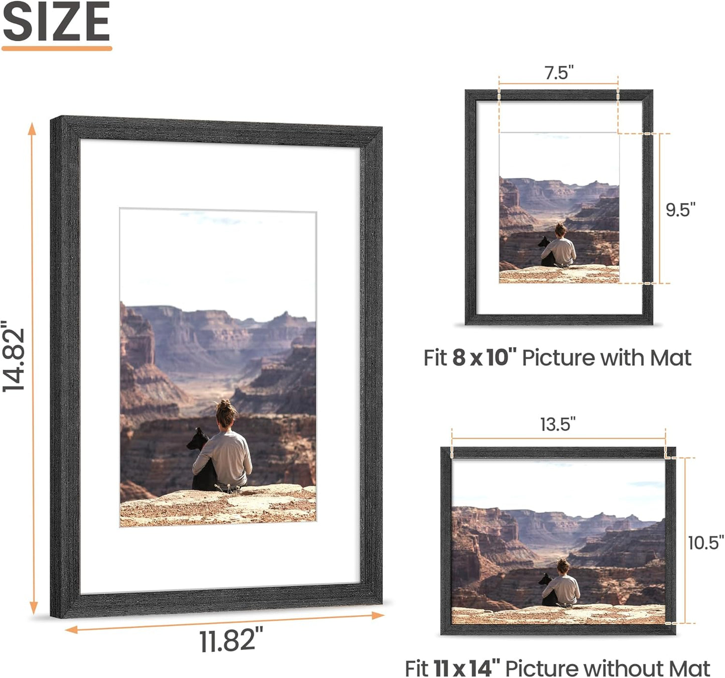 upsimples 11x14 Picture Frame, Natural Solid Wooden Picture Frames, Display 8x10 with Mat or 11 x 14 Without, Vertical or Horizontal Wall Hanging, 1 Pack, Black