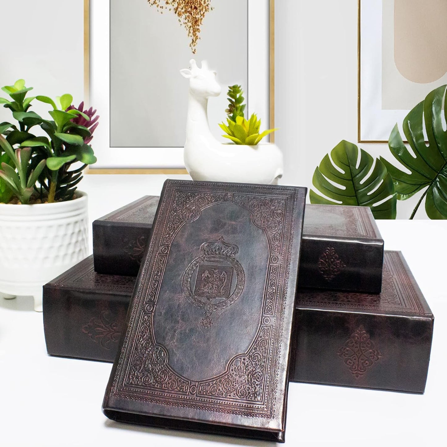 Decorative Book Box Set of 3,Vintage Style Book Shaped Storage Box,Leather Decorative Wooden Trinket Jewelry Books Boxes with Antique Embossed Pattern,Mother's Day/Graduation /Birthday Gift Idea