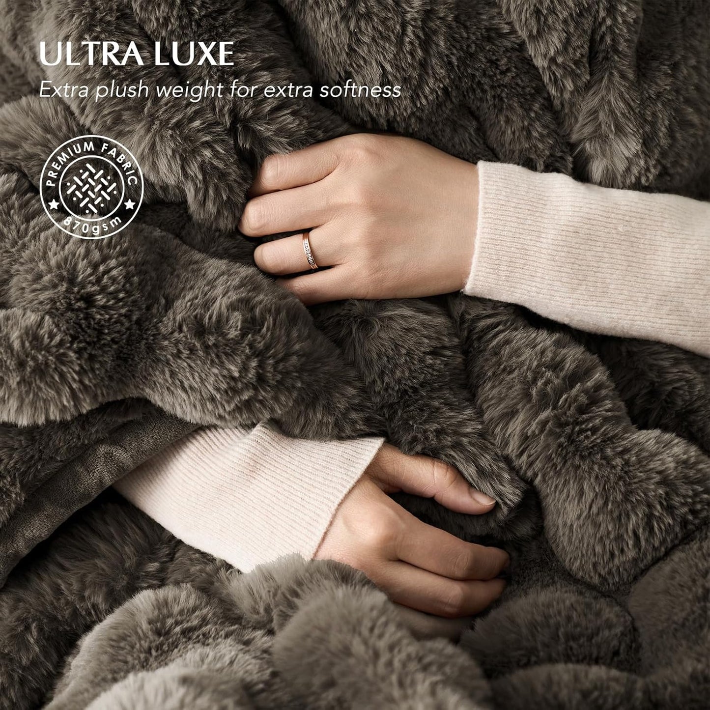 EVERGRACE Ultra Soft Luxury Fluffy Faux Rabbit Fur Throw Blanket, Thick Warm Fuzzy Blankets for Bed, Cozy Plush Reversible Blanket for Couch, Chair, Sofa, Dark Taupe, 50x60 Inches, 870 GSM