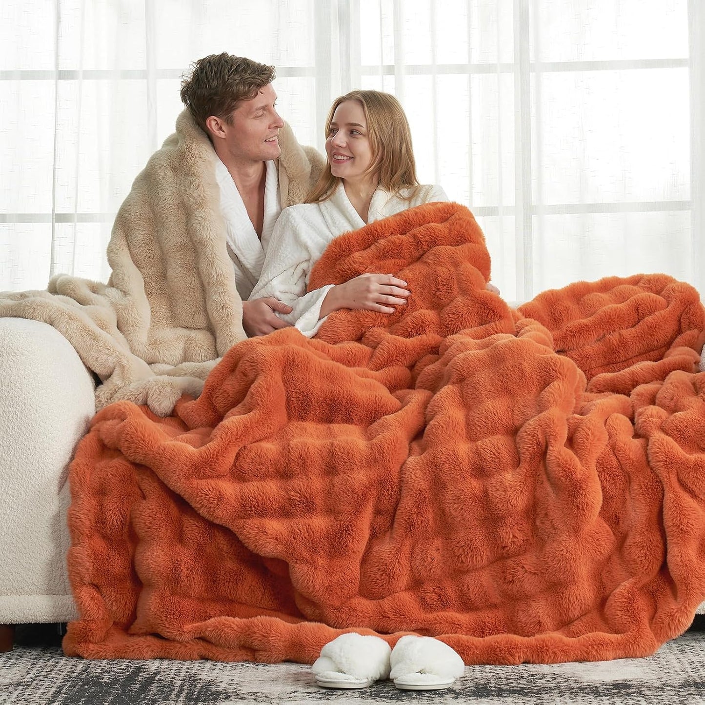 Cozy Bliss Faux Fur Throw Blanket for Couch, Fuzzy Soft Plush Thick Bubble Blanket for Sofa Bedroom Living Room, 50 * 60 Inches Burnt Orange