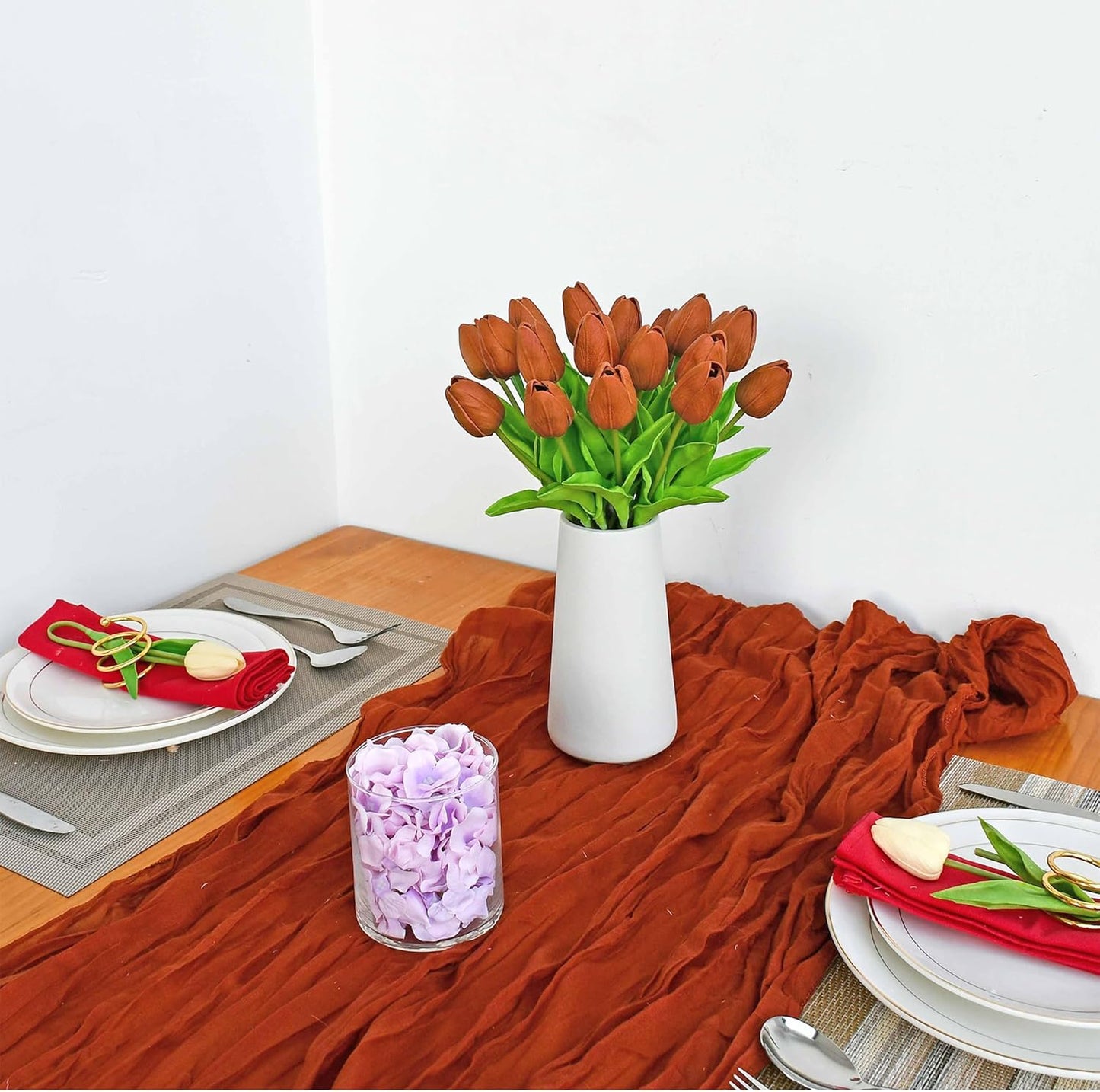 Mandy's Artificial Tulips 20 Stems Burnt Orange PU Faux Flowers for Wedding Home Decor 13.5 Inch