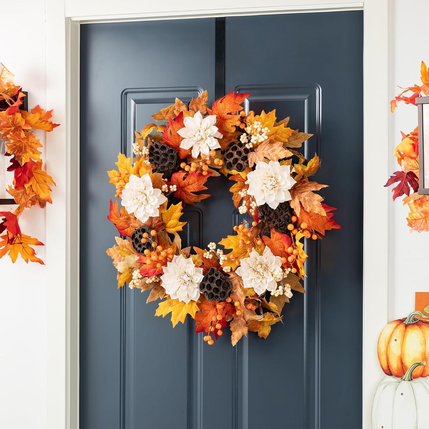 Glitzhome 24" D Fall Sorghum Wreath with Metal Hanger, Harvest Wreath for Front Door, Fall Door Wreaths for Indoor Outdoor Thanksgiving Harvest Holiday Decorations