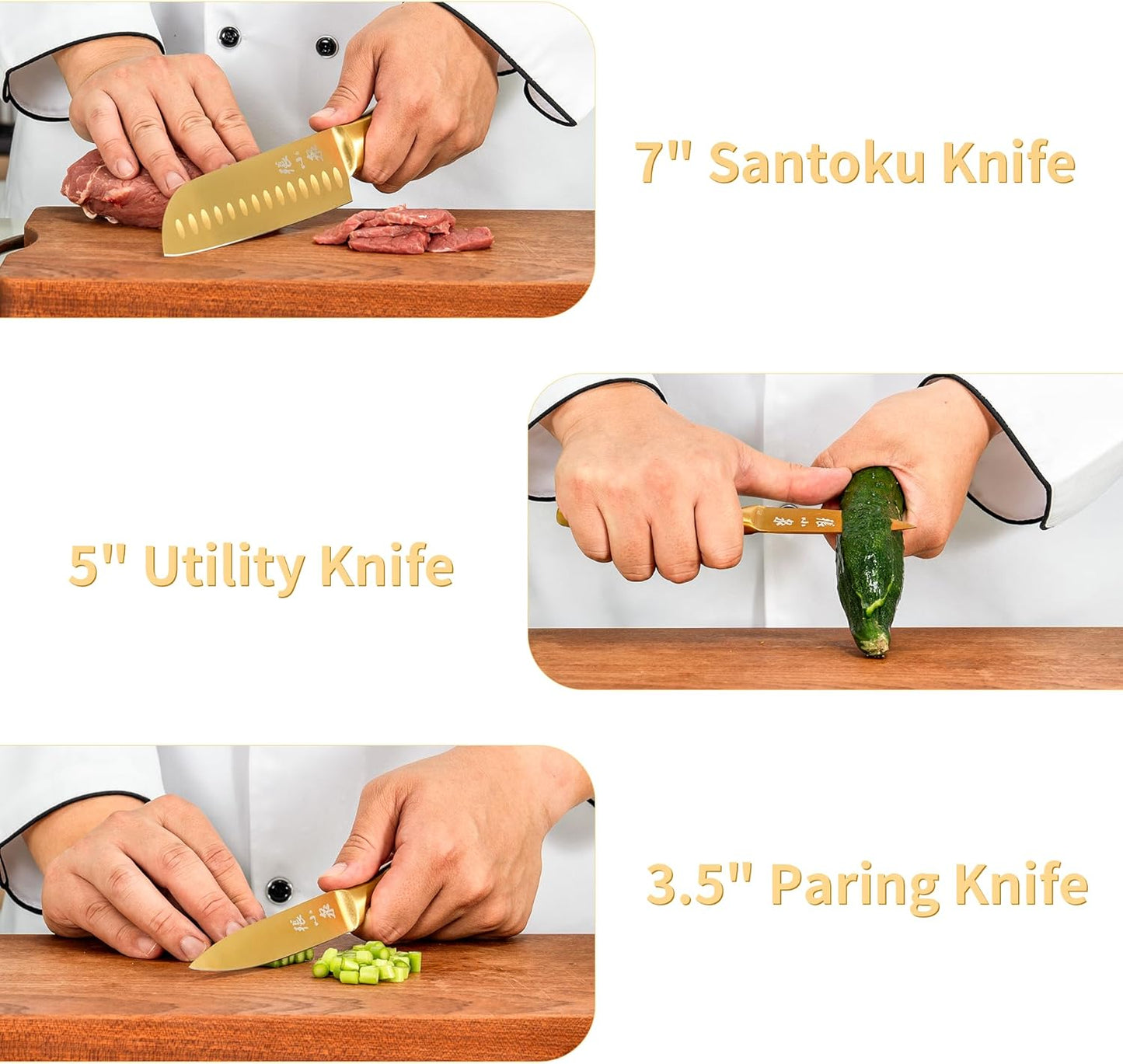 ZHANG XIAO QUAN SINCE 1628 15Pcs Knife Sets with Block, 50Cr15MoV Stainless Steel kitchen knife set with Built-in Sharpener Dishwasher Safe(Golden)