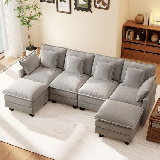 Ihanherry 106" L Shaped Modular Sectional Cloud Sofa, Modern 6 Seat Chenille Couch with Ottoman for Living Room, Bedroom and Apartment, Grey