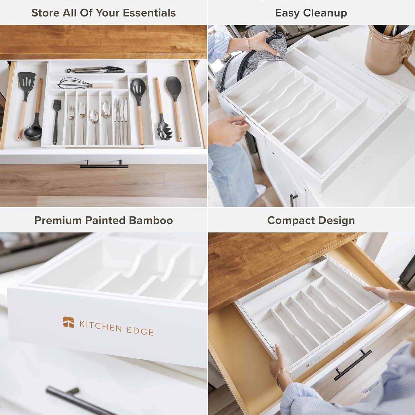 Premium Silverware, Flatware and Utensil Organizer for Kitchen Drawers, Food-Safe Contract Grade, Expandable from 18 to 33 In, White Bamboo