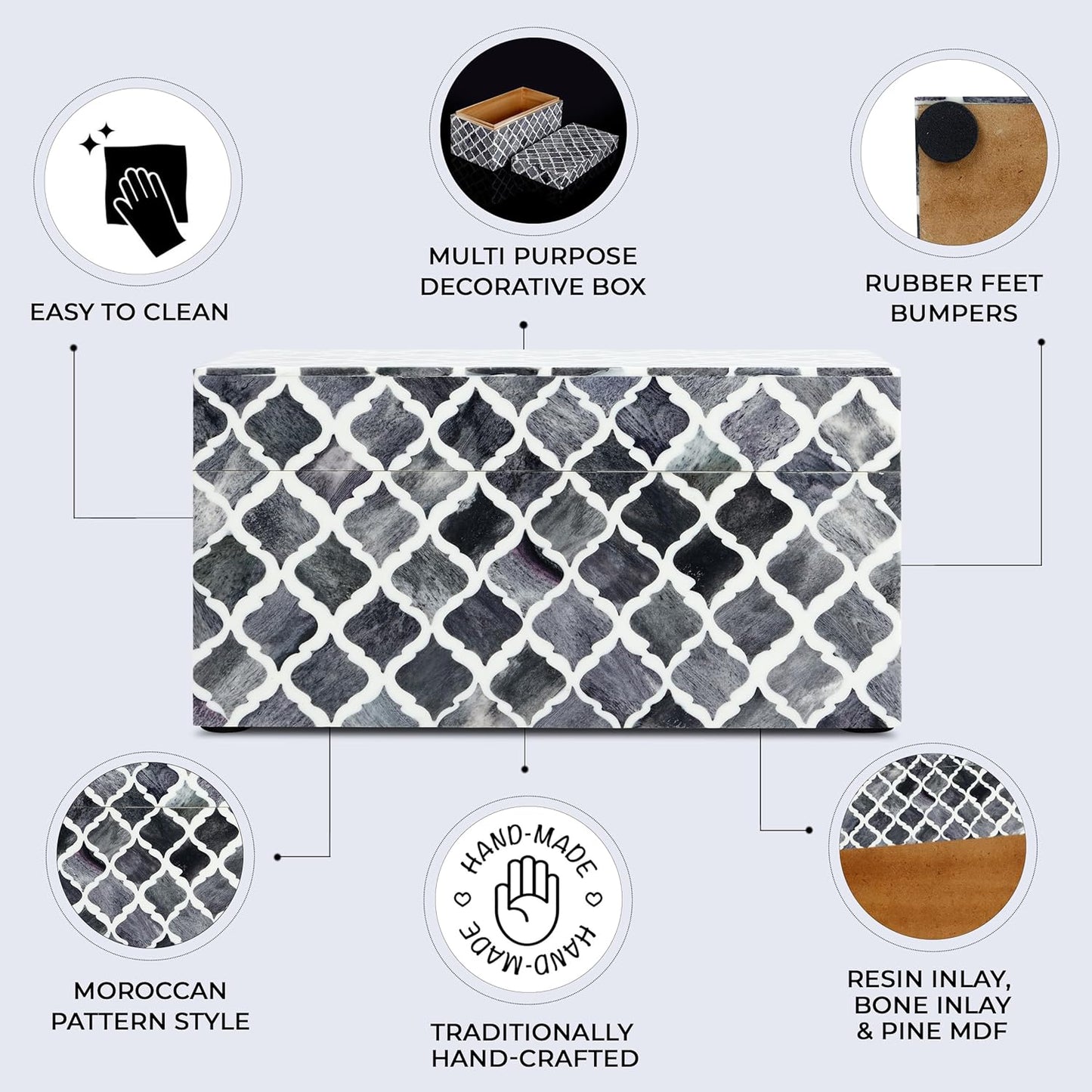 Handicrafts Home Handmade Moroccan Pattern Inspired Decorative Box - Large Storage Organizer for Neck Chains, Watches, Memory Keepsakes - Boho Style Treasure Box, Multipurpose Gift - Grey, 10x5x5