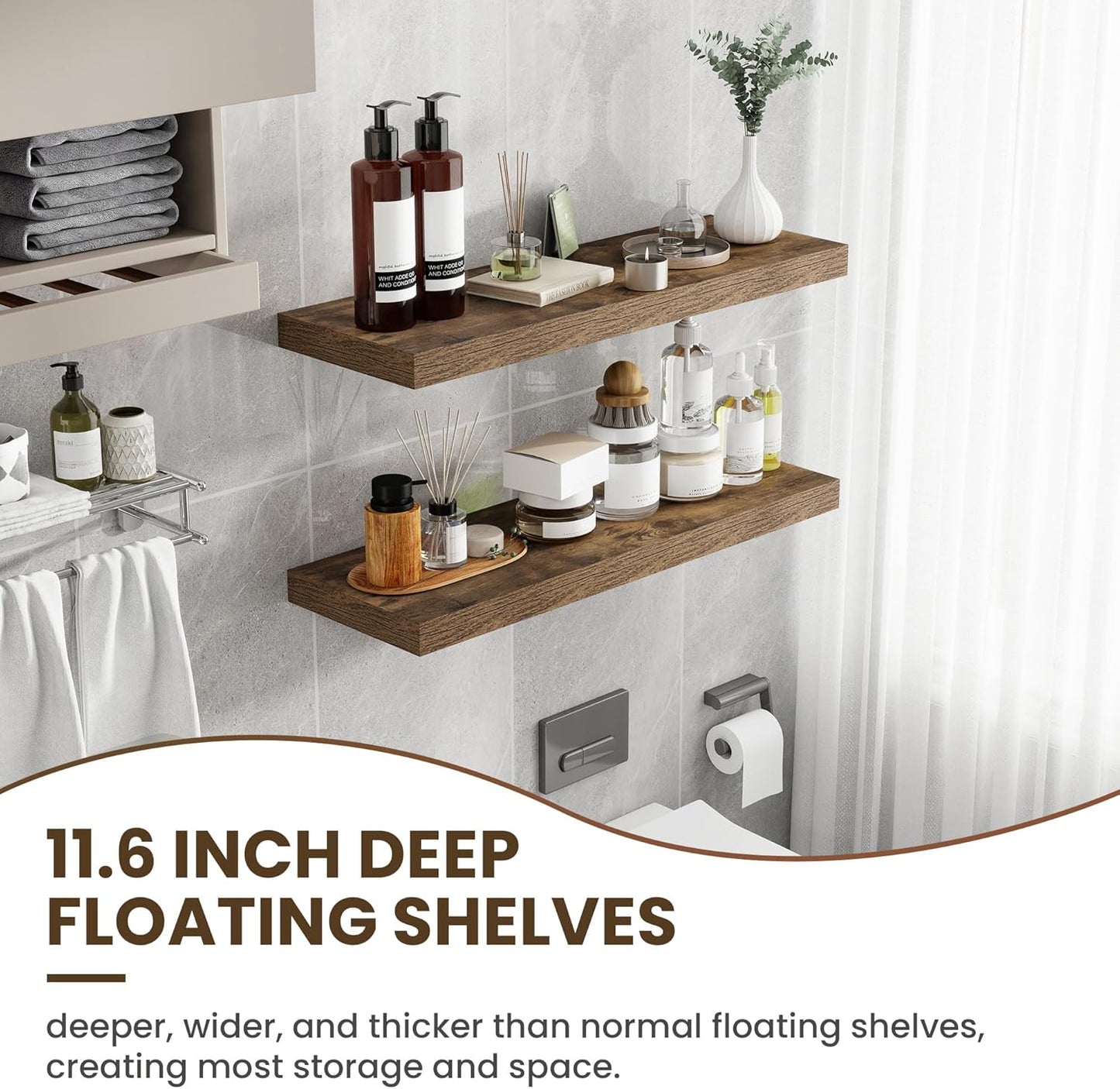 36 Inch Floating Shelves, 11.6 Inch Deep Floating Shelves for Wall, Floating Shelf with Invisible Brackets, Deep Shelves for Bathroom, Bedroom, Living Room, 2 Pack, Brown