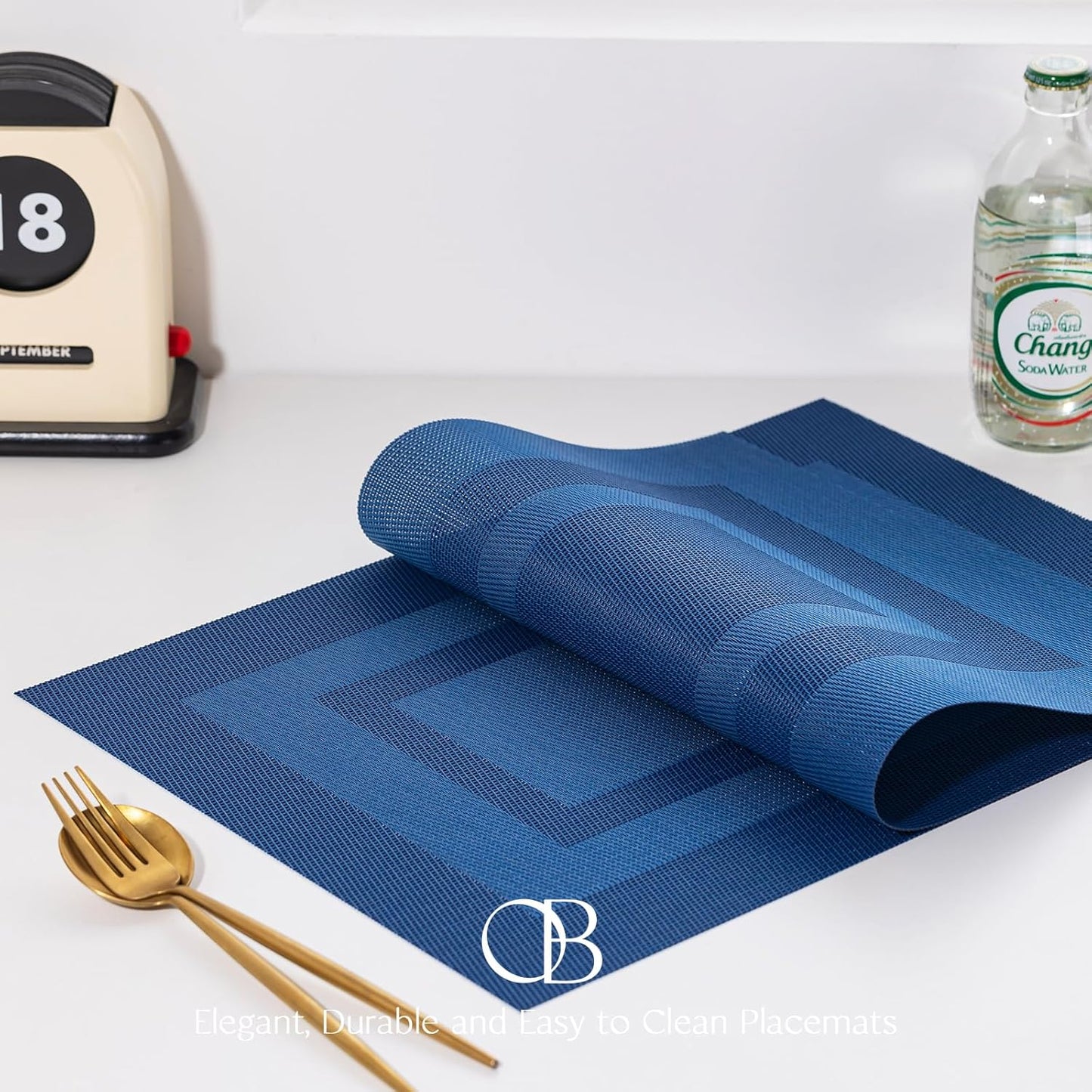 Placemats Set of 12 - Easy Clean Woven Vinyl Placemats for Dining Table, Indoor/Outdoor Place Mats, Washable PVC Table Mats（Navy Cube）